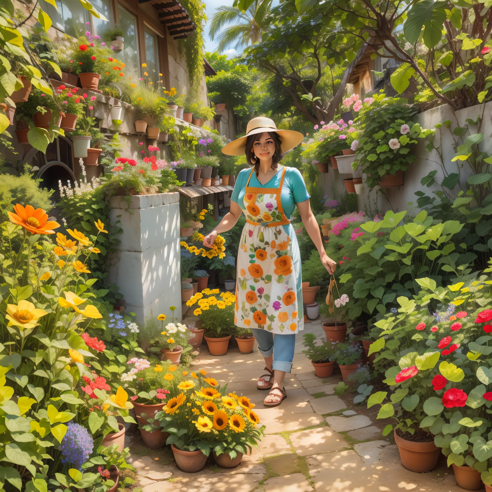 Entre em um charmoso jardim de casa de campo cuidado por Isabelle, an avid gardener with a green thumb. In his picturesque apron and sun hat, It nourishes a profusion of colorful flowers, criando uma cena serena e pitoresca do lado de fora de sua pitoresca casa de campo.