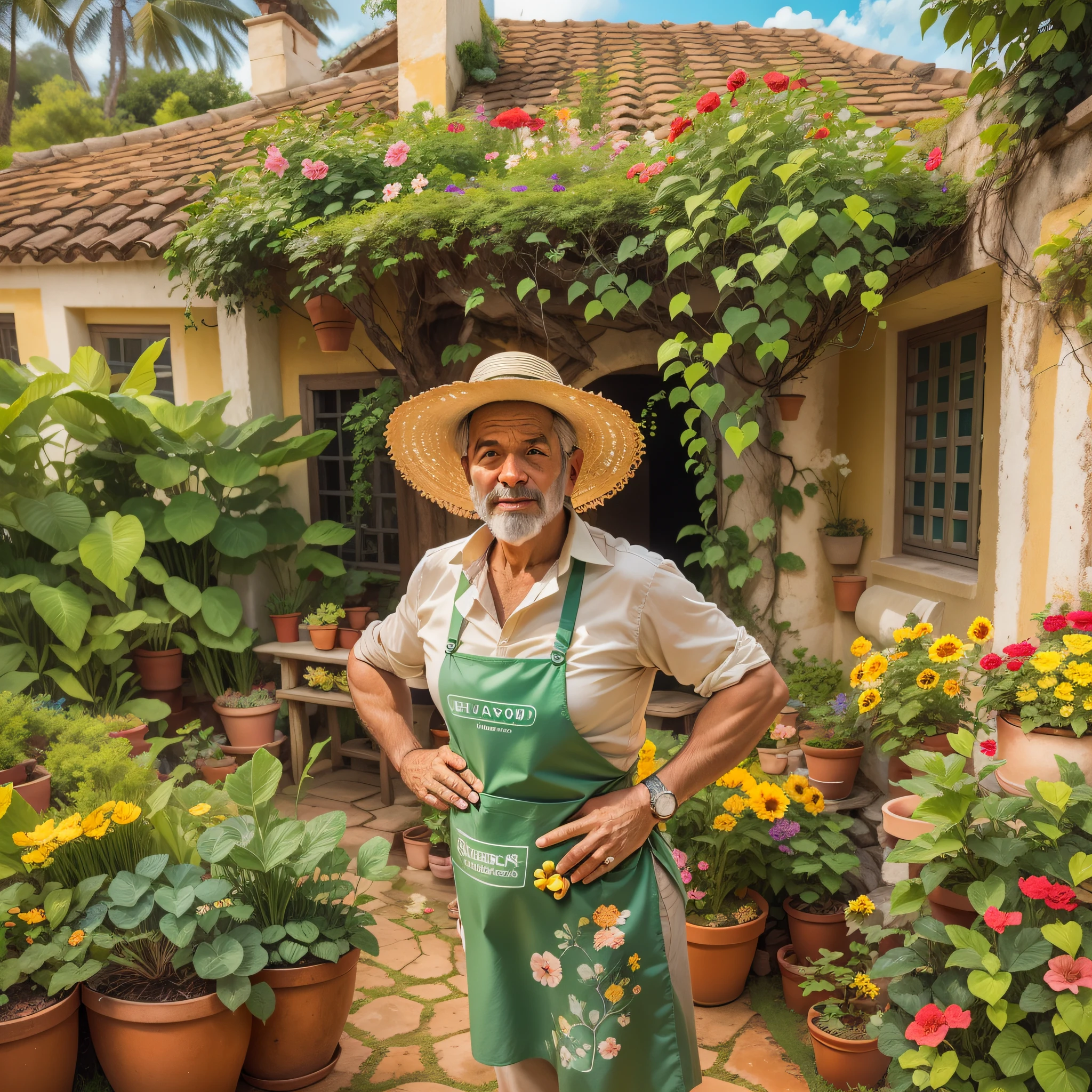 Entre em um charmoso jardim de casa de campo cuidado por Isabelle, an avid gardener with a green thumb. In his picturesque apron and sun hat, It nourishes a profusion of colorful flowers, criando uma cena serena e pitoresca do lado de fora de sua pitoresca casa de campo.