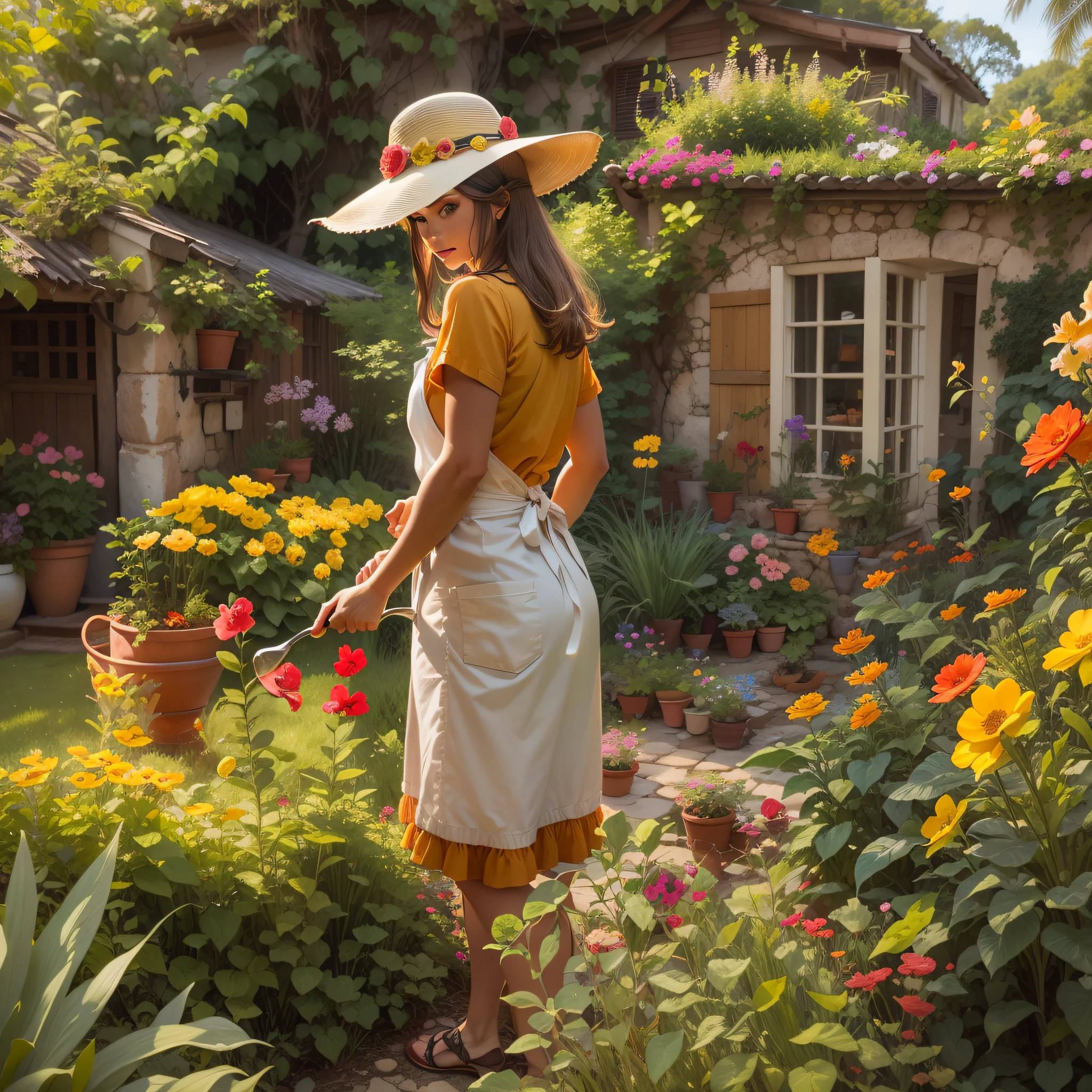 Entre em um charmoso jardim de casa de campo cuidado por Isabelle, an avid gardener with a green thumb. In his picturesque apron and sun hat, It nourishes a profusion of colorful flowers, criando uma cena serena e pitoresca do lado de fora de sua pitoresca casa de campo.