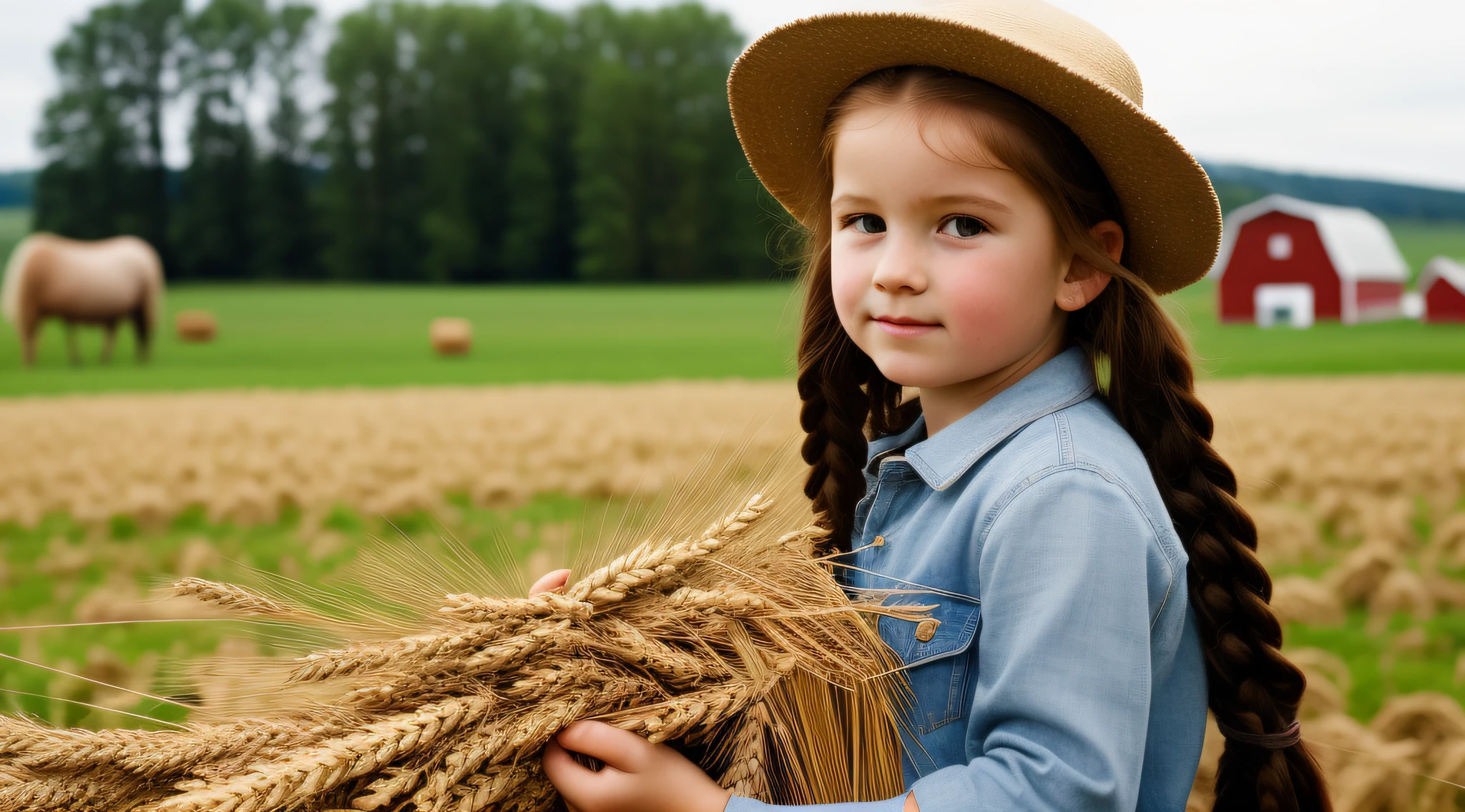 Russian style, children girl, portrait, long red hair of braids with hat, farmer style, with rolls of hay and wheat and horse, barns, apples.