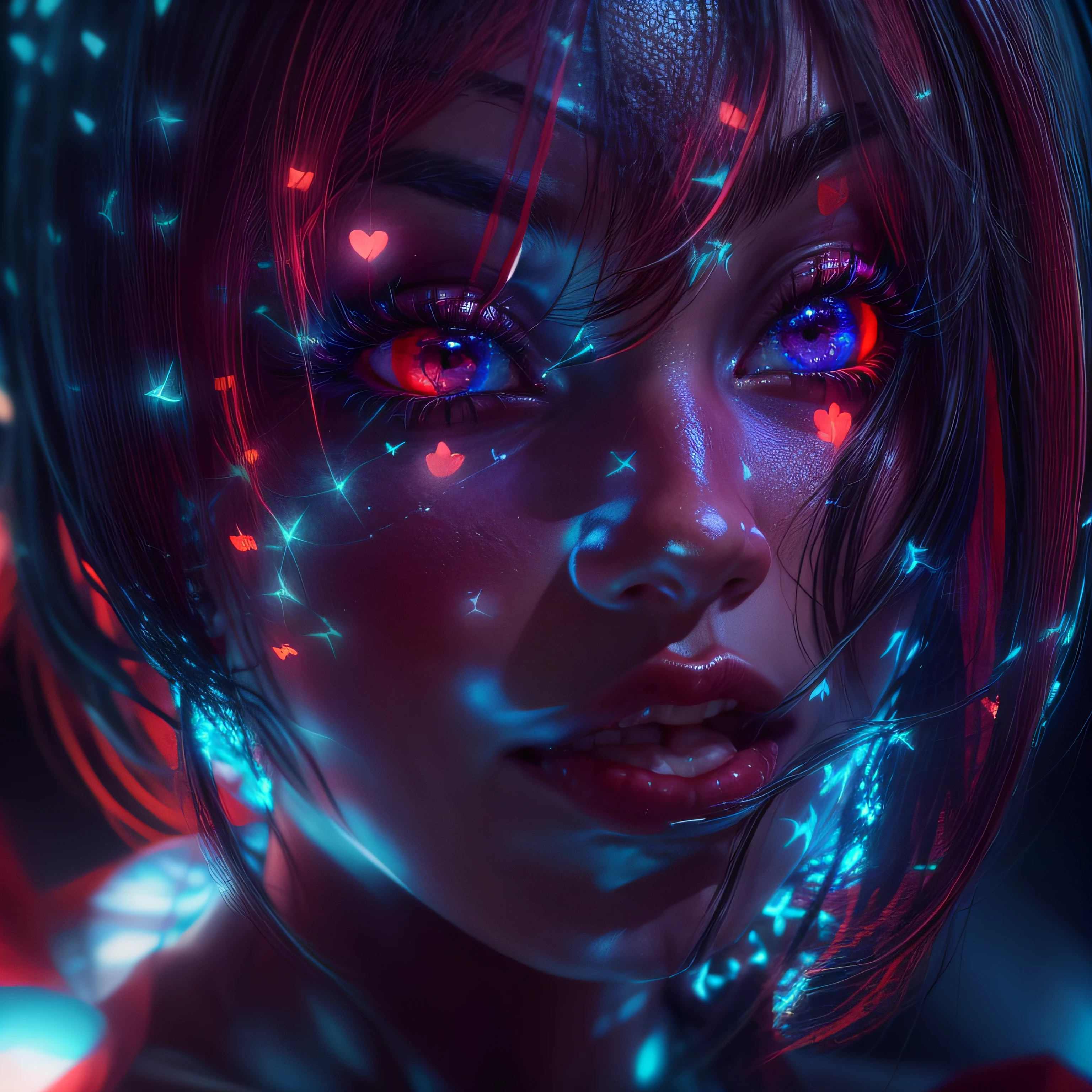 Closeup on beautiful black latex woman, olhos azuis, coberta com rosas vermelhas iluminadas, bright blue white glowing heart, visible from human, noite, Colouring, photography hyper-detailed cinematic hdr lighting, softbox lighting, Detalhe extremo, 8k, 3D-rendering, Hiper realista, NVIDIA,