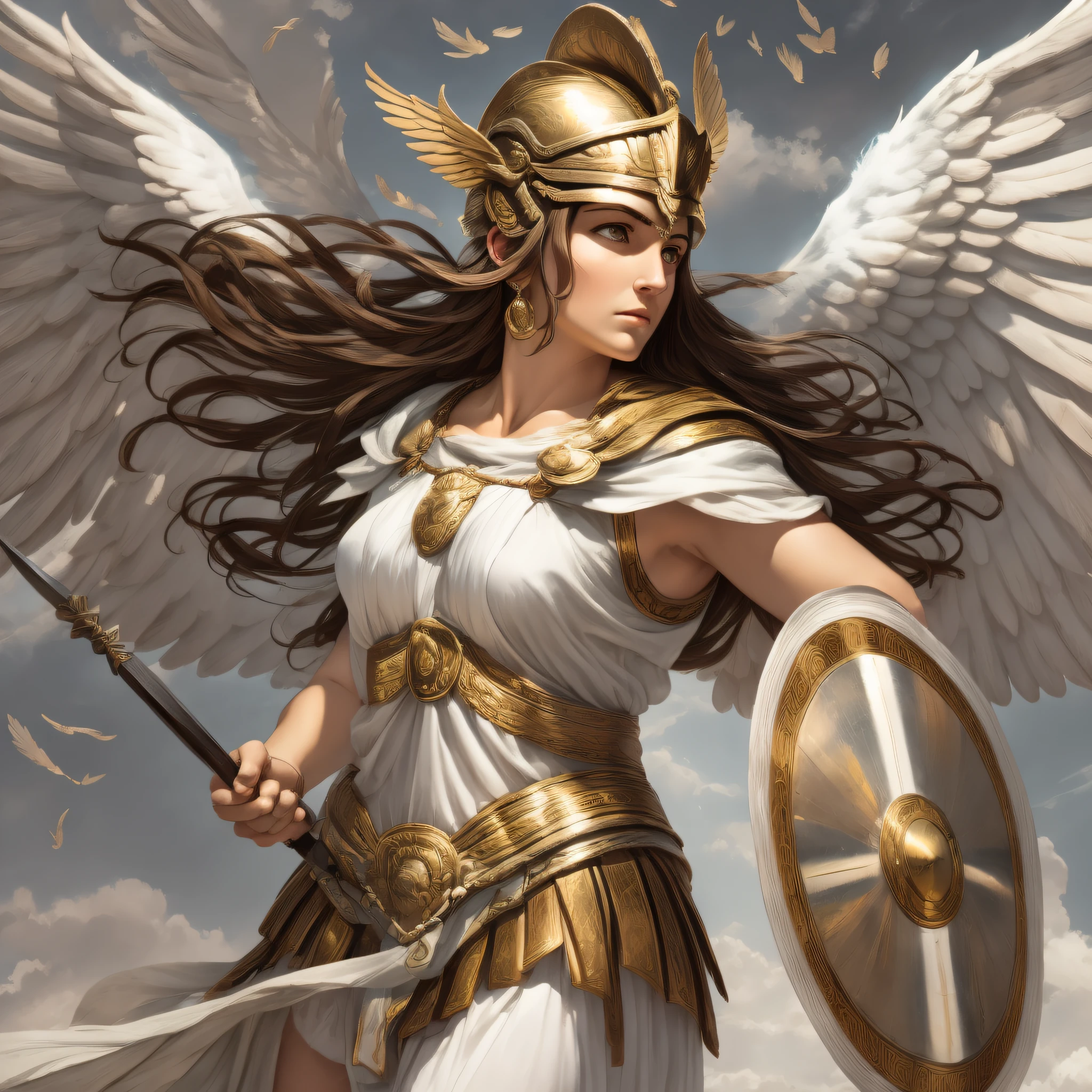 Greek Goddess Athena, brown hair, gray eyes, greek helmet, she is holdind a spear and wearing a light greek armor while flying in the sky with her white wings, looking down with fierce eyes