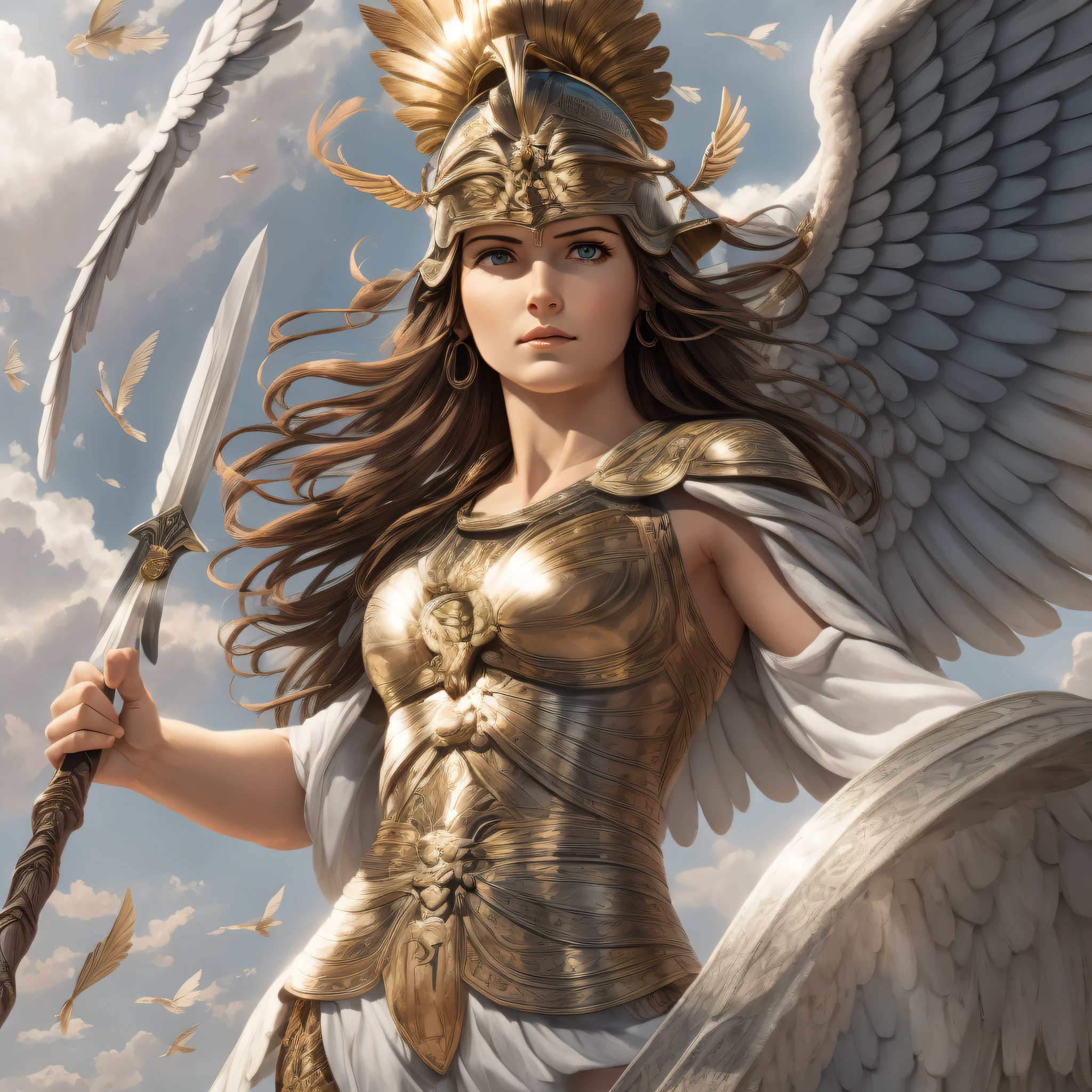 Greek Goddess Athena, brown hair, gray eyes, greek helmet, she is holdind a spear and wearing a light greek armor while flying in the sky with her white wings, looking down with fierce eyes