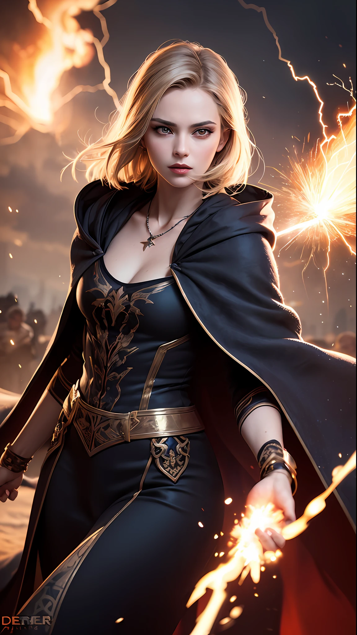 (skindentation:1.5), Realistic, Photorealistic, (masterpiece:1.5), concept art, intricate details, highly detailed, photorealistic, octane render, 8k, unreal engine, dynamic pose, best quality, highres, (realistic face:1.1), (hyperrealistic:1.1), ((full_body)), perfect eyes,(shiny skin:1.2), (((hairstyle))), (((perfect hands))), (extremely detailed background), ((dynamic background)), ((lightning)), (light rays), ((1girl)), wearing cloak, (((flowing cloak))), ((detailed eyes, high quality eyes, high quality face)), (extremely intricate robes, magical robes), short hair, casting lightning, electricity, swirling fire, radiating power, sparks, smoke, magic, ((dramatic)), epic, battlefield, depth of field, bokeh, 4k, gothic, ember, particles