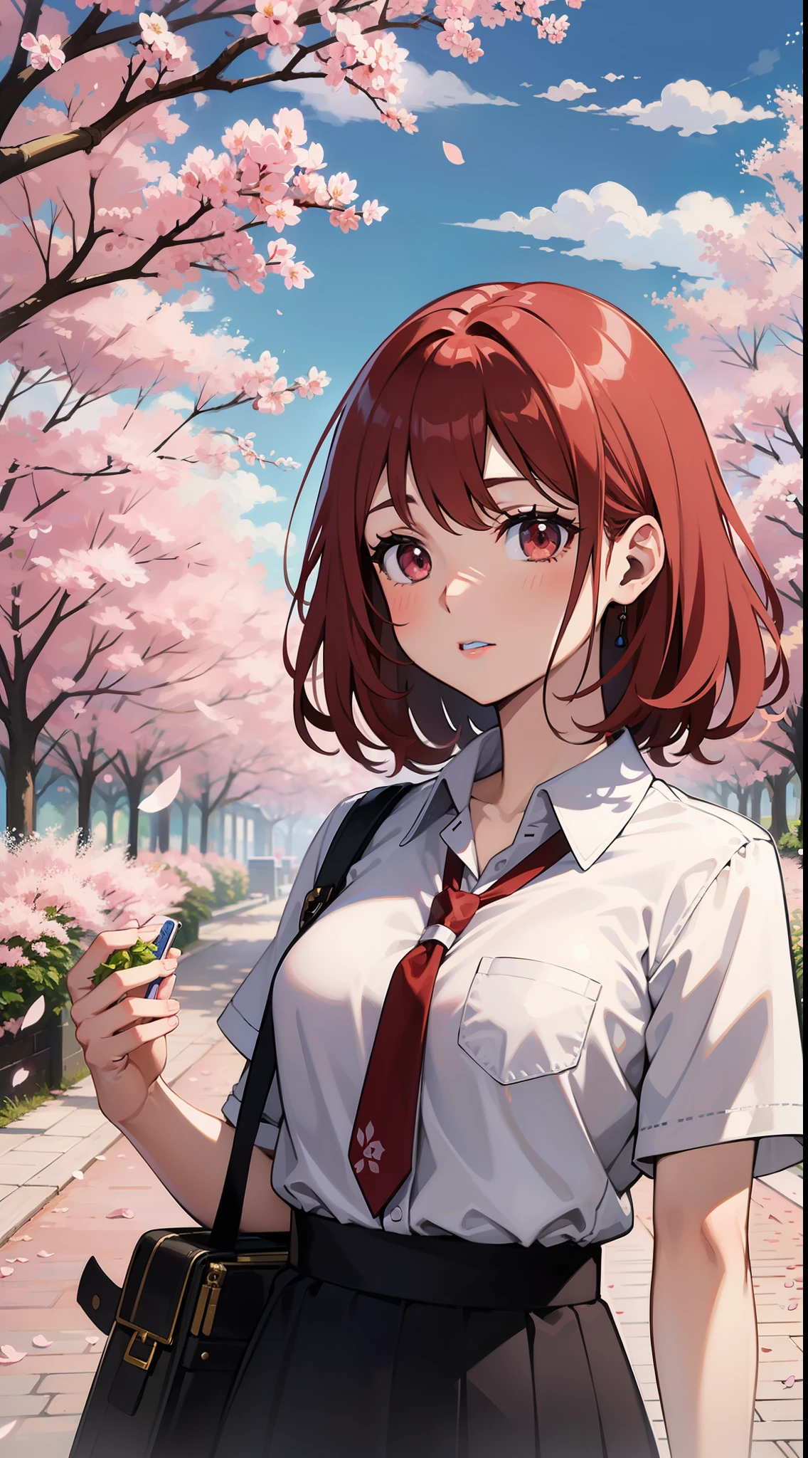 A red-haired girl stands in front of a cherry blossom, una pintura detallada de Kobayashi Kiyochika, Destacado en Pixiv, Remodernismo, Arte Oficial, anime, anime aesthetic