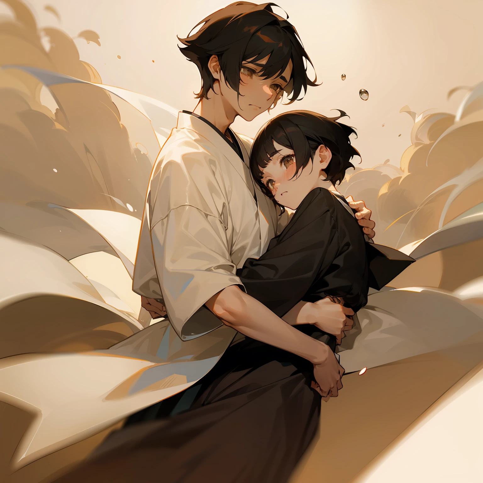 The girl hid in the boy's arms and cried，the girl with black hair，校服，short detailed hair，effeminate，teardrop，The boy wears a loose white shirt，brunette color hair，Sepia eyes