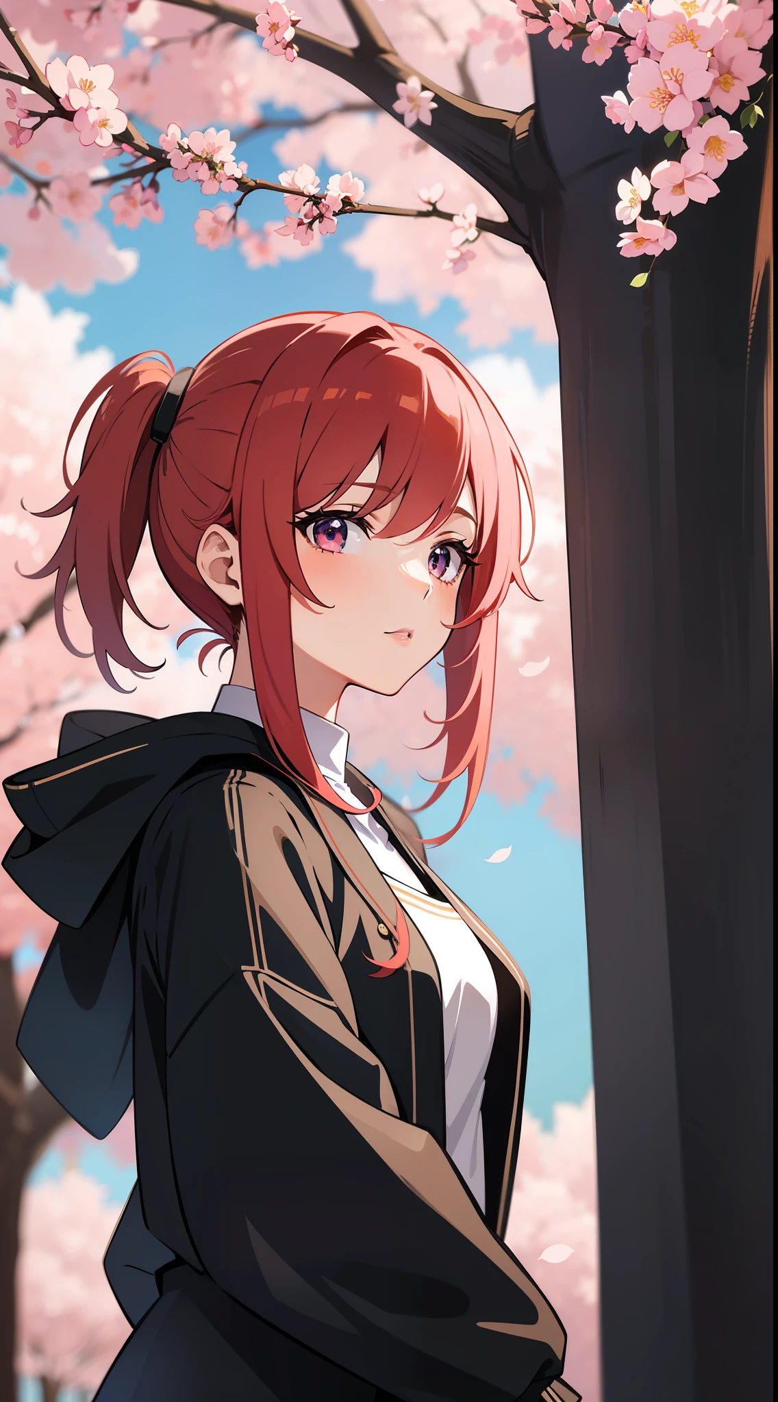 A red-haired girl stands in front of a cherry blossom, una pintura detallada de Kobayashi Kiyochika, Destacado en Pixiv, Remodernismo, Arte Oficial, anime, anime aesthetic