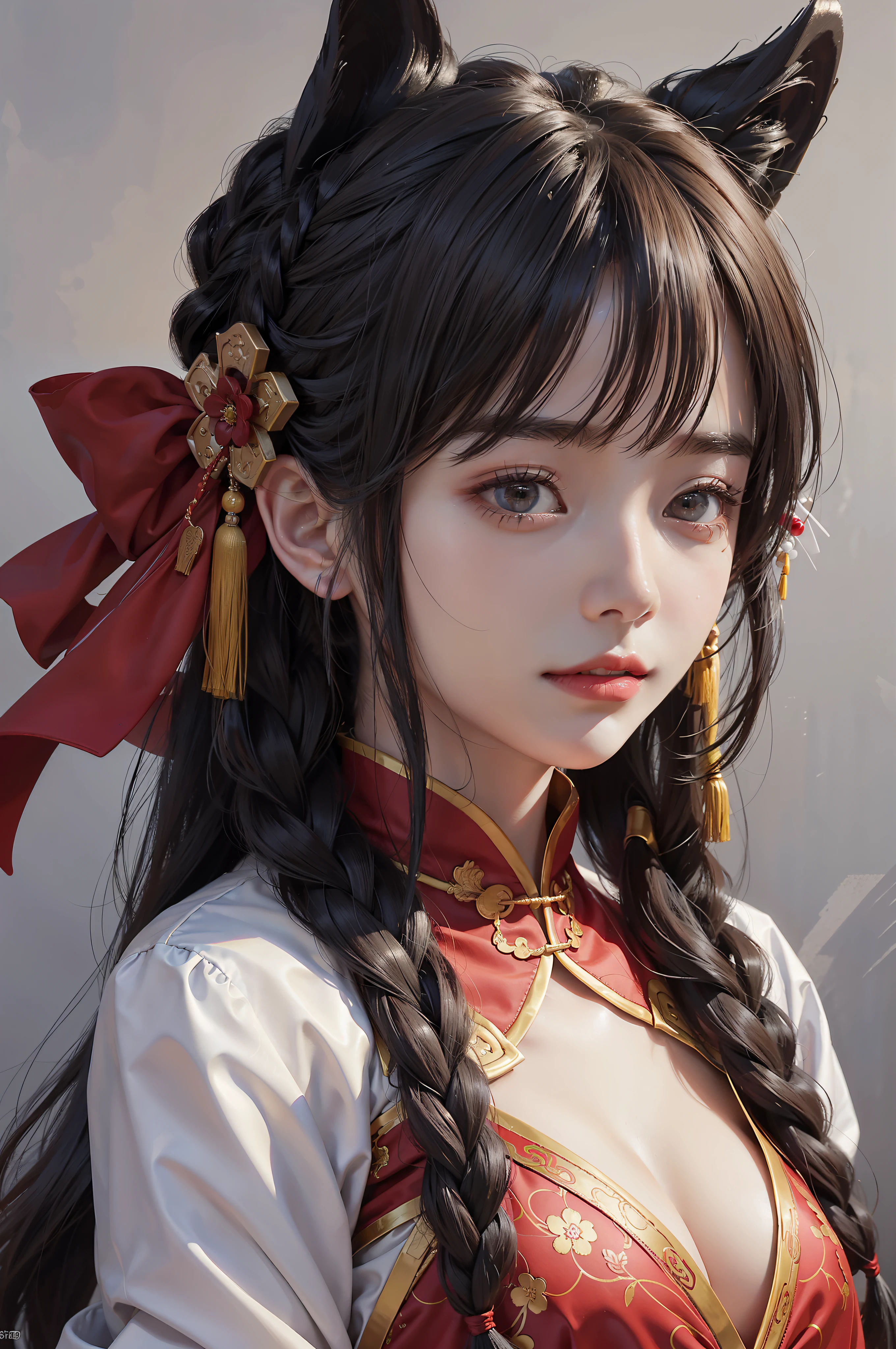 Best quality,Masterpiece,Ultra HD digital photos,solo portrait,one-girl,ssmile,Wearing traditional Chinese clothing,red color Hanfu,Long black hair,hair braids,closeup cleavage,simplebackground,