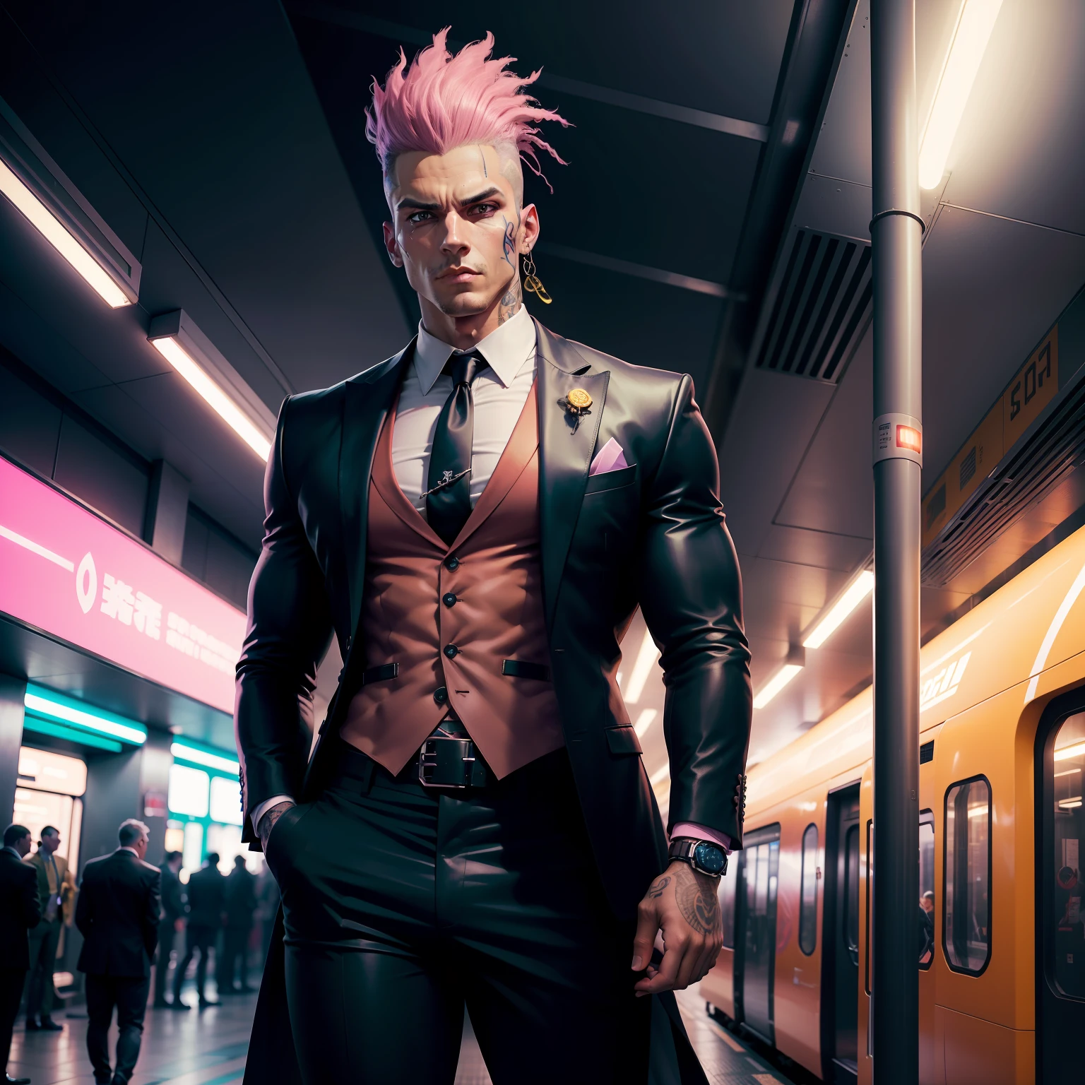 gostaria de uma imagem estilo cyberpunk em 4k de um homem de mais ou menos 30 anos , forte, musculoso,Bodybillder,muito forte de pele negra ,com cabelo punk estilo anos 80 na cor amarelo e cinza escuro,muito eLegante,, futurista e estiloso neon , com uma tatuagem super colorida e com neon ,Toattoo, facing a metro station on the platform , with station lights failing in a dimly lit environment, standing dressed in a dark yellow suit with a pink bow tie