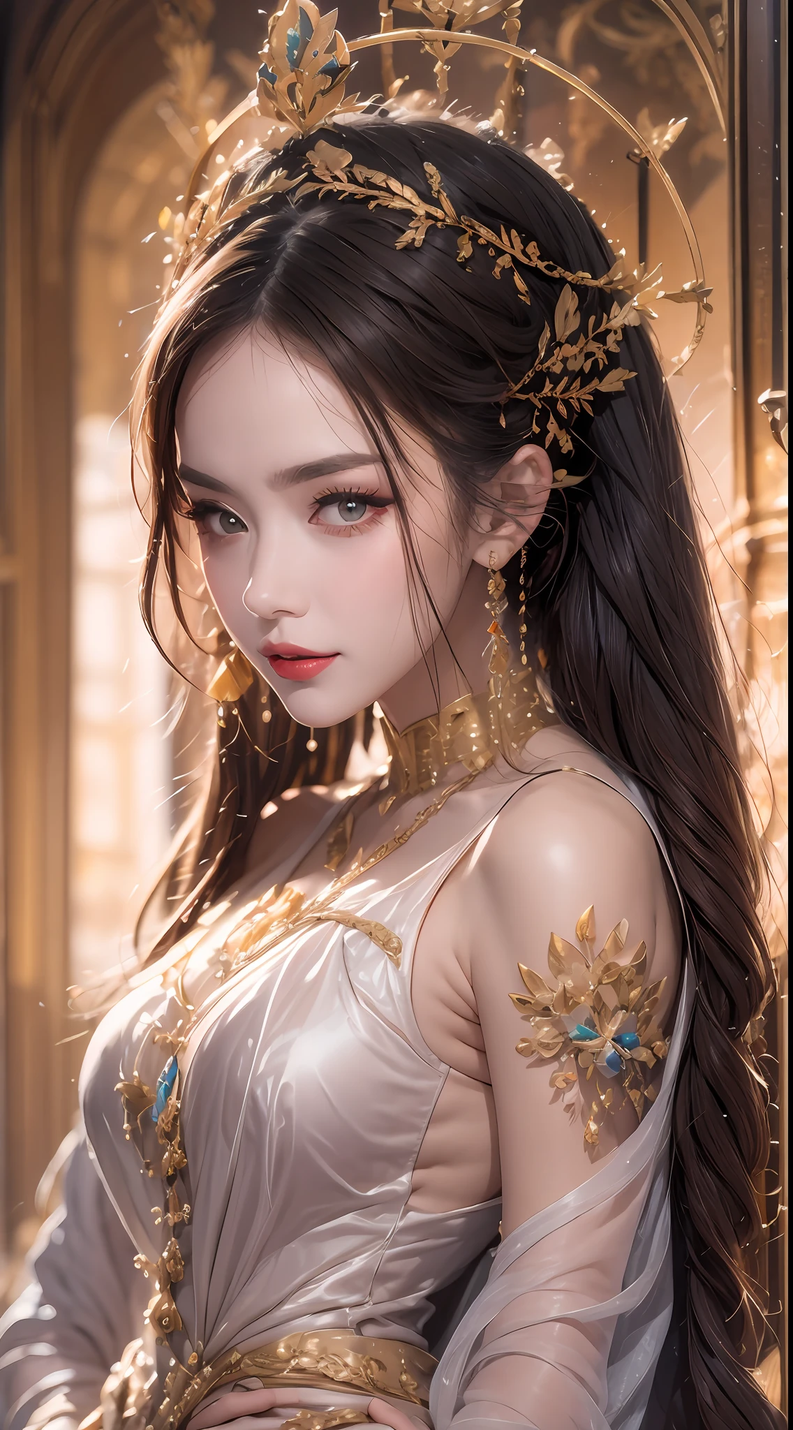 Portrait of a 27-year-old saint,Charming adult saint in a long dress made of thin silk, beautiful saint with an old face, adult, wearing a thin multicolored silk dress, beautiful face without blemishes, (((Closed smile:1.3))), ((7-color hair length:1.2)), big crown, hair brooch, hanfu dress, chinese ancient style, full body jewelry, forehead tattoo, super even chest, face, innocent face, The most beautiful and detailed light red lipstick, ((Thin plump lips:0.3)), ((Golden Eyes color:0.6)), Detailed and delicate lighting effects, light and dark, dramatic lighting, magical light, extremely detailed light, true color, super sharp, realistic, 8k quality, fantasy universe background, saints and magical space, the most detailed images, ((Solo:0.3)), ((a saintess:0.6)), ((looking directly at the saint's upper body:0.4)), ((smooth skin:0.5)), ((the holy woman's veil:0.6)),