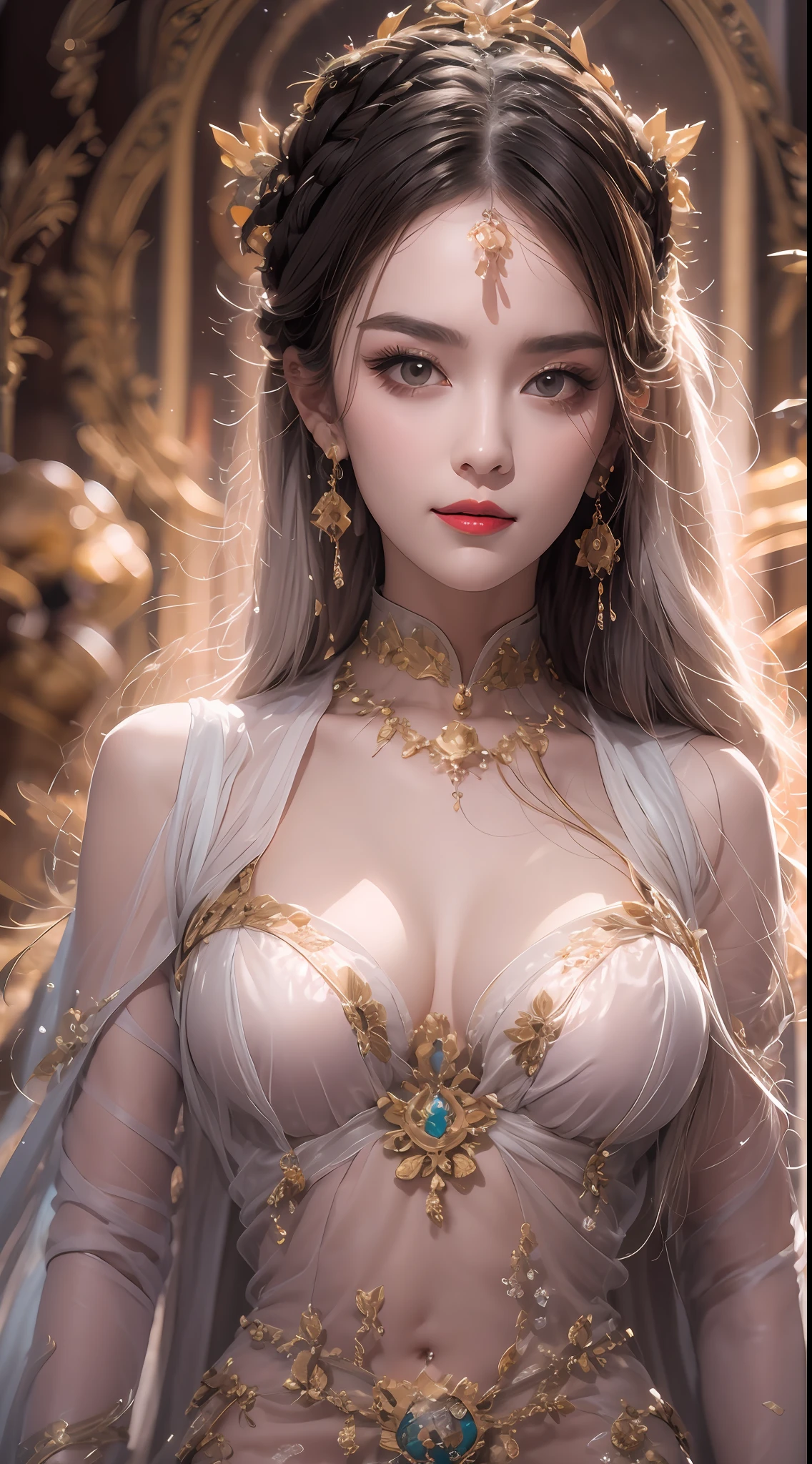 Portrait of a 27-year-old saint,Charming adult saint in a long dress made of thin silk, beautiful saint with an old face, adult, wearing a thin multicolored silk dress, beautiful face without blemishes, (((Closed smile:1.3))), ((7-color hair length:1.2)), big crown, hair brooch, hanfu dress, chinese ancient style, full body jewelry, forehead tattoo, super even chest, face, innocent face, The most beautiful and detailed light red lipstick, ((Thin plump lips:0.3)), ((Golden Eyes color:0.6)), Detailed and delicate lighting effects, light and dark, dramatic lighting, magical light, extremely detailed light, true color, super sharp, realistic, 8k quality, fantasy universe background, saints and magical space, the most detailed images, ((Solo:0.3)), ((a saintess:0.6)), ((looking directly at the saint's upper body:0.4)), ((smooth skin:0.5)), ((the holy woman's veil:0.6)),