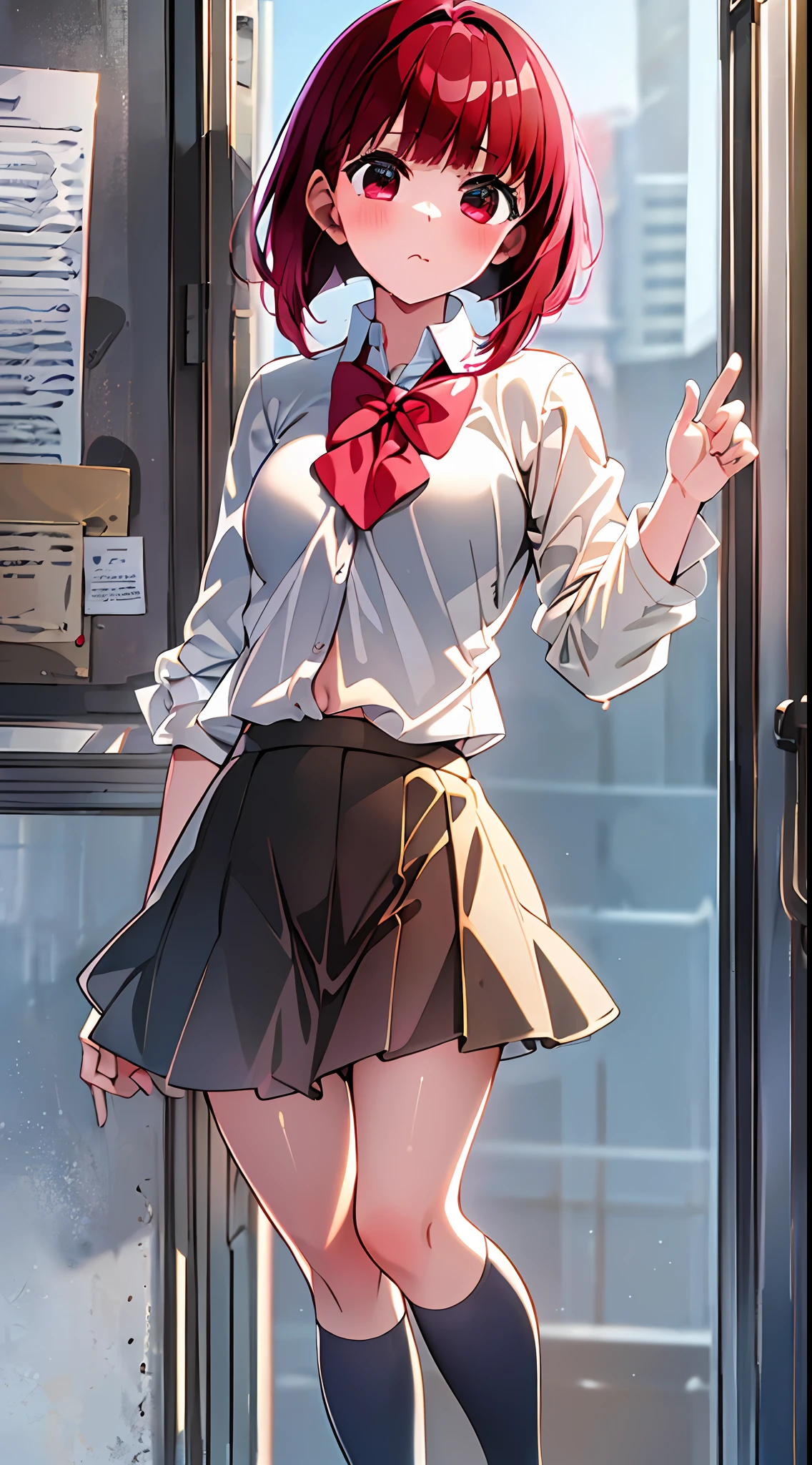 main girl is beautiful and cute, "neat and bright uniform coordination", fashion model posing, full body, full body illustration, best illustration, elementary school student, realistic and elaborate uniform, high school uniform, ((highest quality)), ((masterpiece)), (detail: 1.4), anatomical, award-winning concept art, beautiful, fine details, portrait, look viewer, (full body view)), 1 girl, Full body, Solo, , Elementary school student, Child actor, Red hair, Red hair, Big eyes, Dark brown blazer, Maroon sweater, Long checked long skirt, Dark green and maroon skirt, Black high so, orange large ribbon, White blouse, Underwear, Panties, Skirt, White panties, Wet, Shirt, Wet clothes, Skirt lift, Blush, Classroom, navel,lift below chest, clothing lift, easy background, lifting clothes, uniform, Japan cute uniform, blazer, look away, short sleeve, loli, skinnlementary, loli, baby facete, young appearance, fantastic visual depiction, professional effect, beautiful girl, petite girl, sweaty transparent clothes, uneven, absurdity, heel-up loafers, red hair, red eyes, The main girl is beautiful and cute