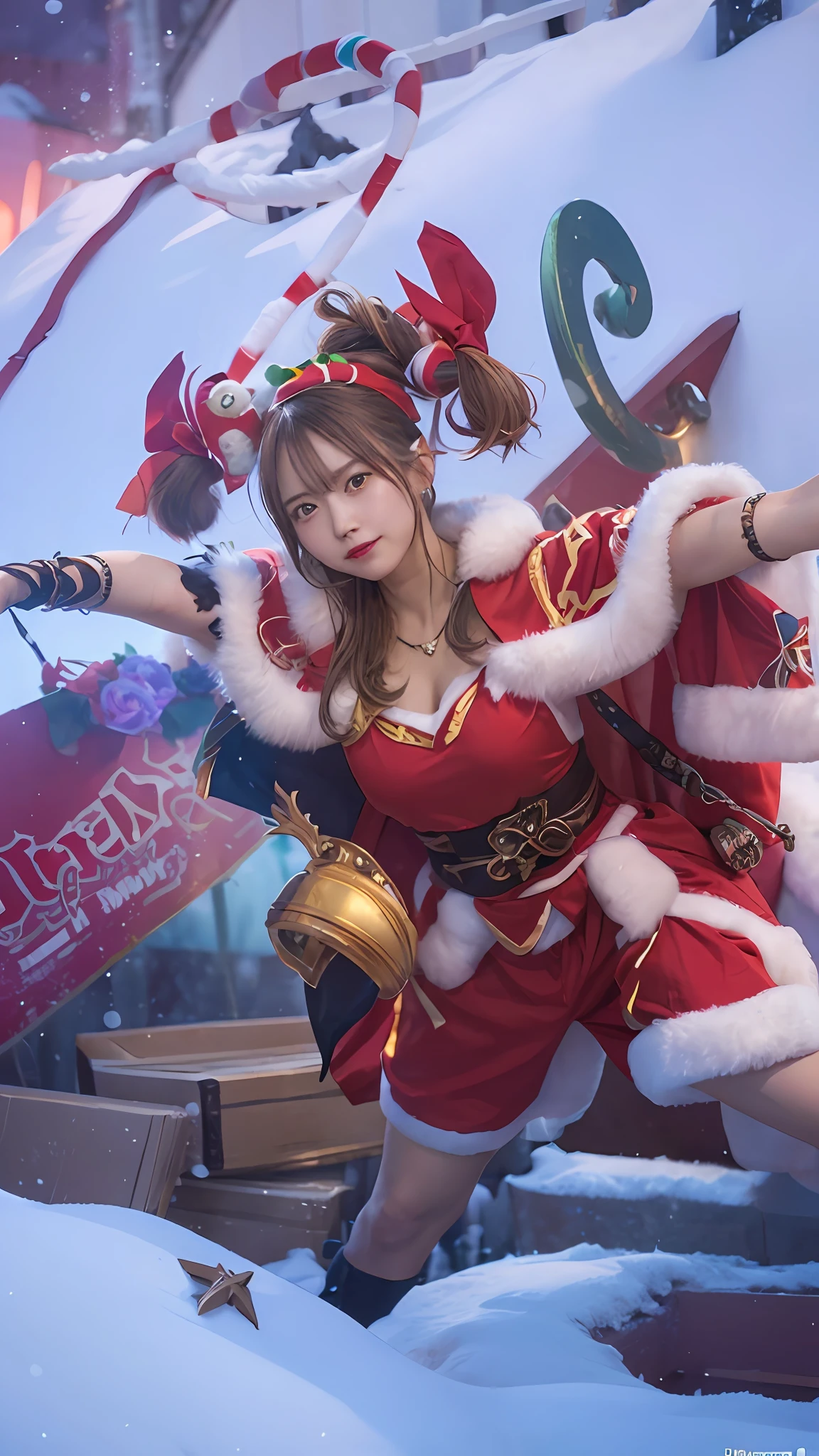 ((Best quality, 8k, Masterpiece: 1.3)), character miya Mobile Legends: Bang Bang , Sharp focus: 1.2, Cute beautiful woman with perfect body: 1.4, Highly detailed face and skin texture, natural skin without makeup, Detailed eyes, Christmas, eye focus target, realistic, ultra detail