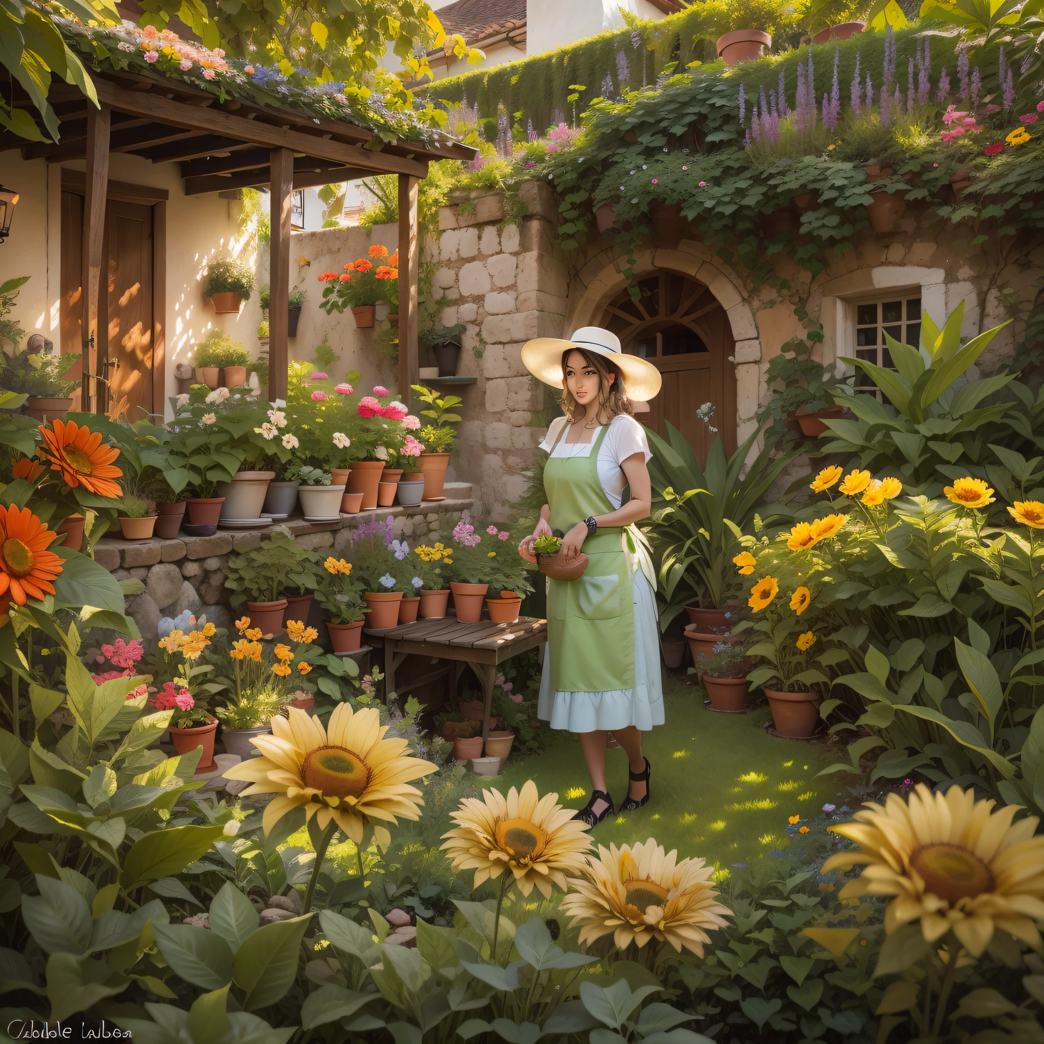 Entre em um charmoso jardim de casa de campo cuidado por Isabelle, An avid gardener with a green thumb. In his picturesque apron and sun hat, Nourishes a profusion of colorful flowers, criando uma cena serena e pitoresca do lado de fora de sua pitoresca casa de campo.