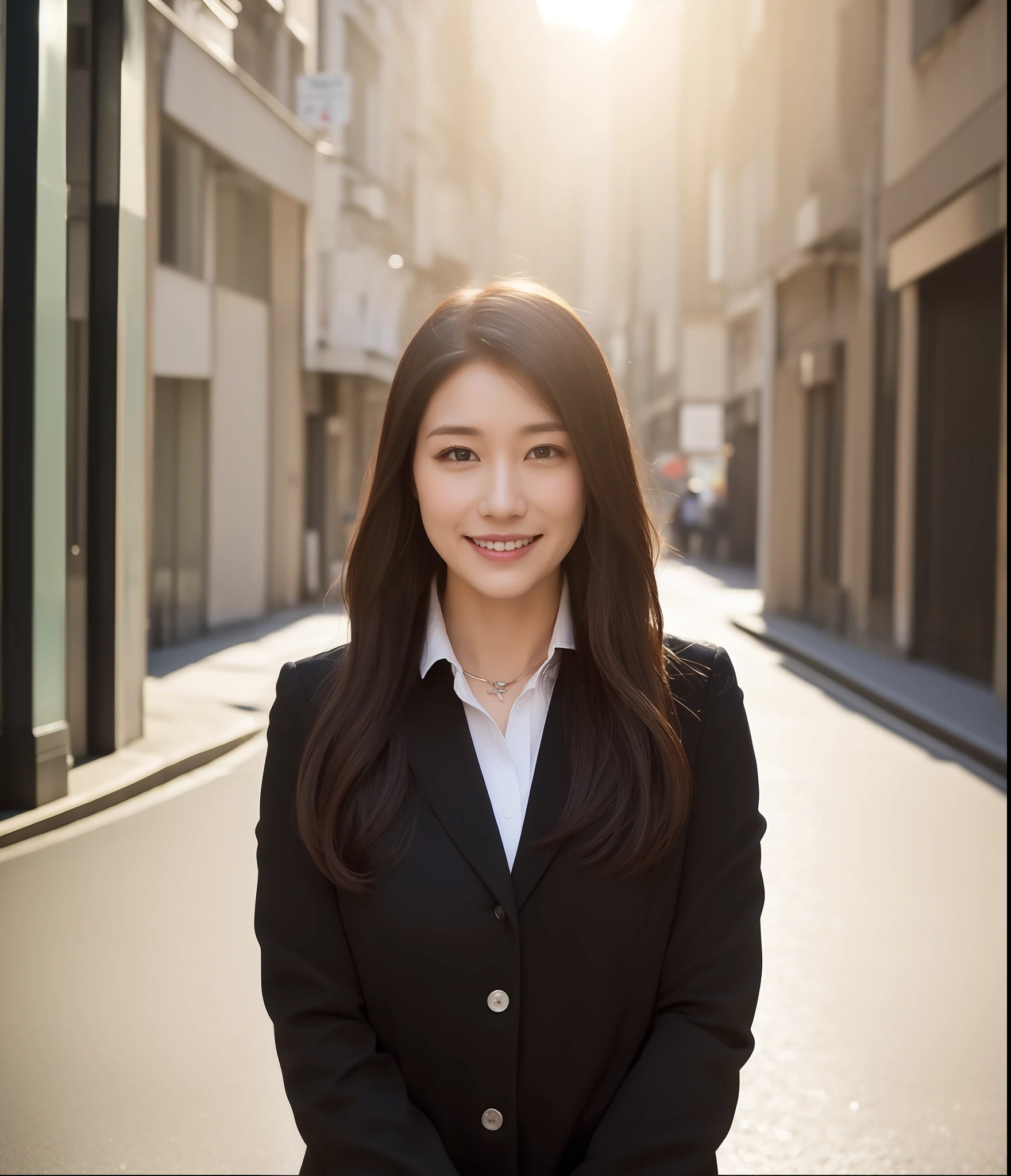 ((top-quality、8K、masterpiece:1.3))、foco nítido:1.2、Perfect Body Beauty:1.4、Slim abs:1.2、((Dark brown long hair、Colossal tits:1.2))、(natural soft light、street corner:1.2)、Highly detailed facial and skin texture、A detailed eye、(二重まぶた)、(((dynamic ungle))),Streets of Tokyo、Silver thin necklace、drooing eyes、Smiling、White blouses、White button shirt、Gentle expression