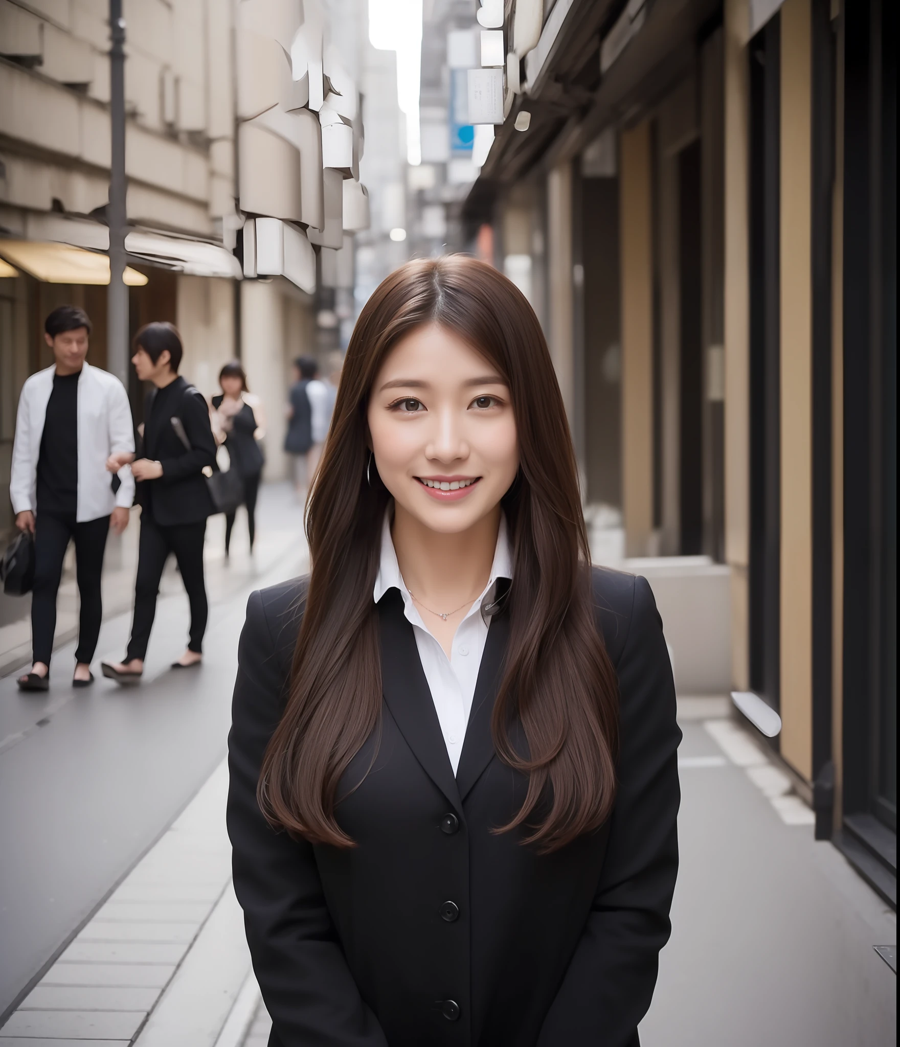 ((top-quality、8K、​masterpiece:1.3))、foco nítido:1.2、Perfect Body Beauty:1.4、Slim abs:1.2、((Dark brown long hair、Colossal tits:1.2))、(natural soft light、street corner:1.2)、Highly detailed facial and skin texture、A detailed eye、(二重まぶた)、(((dynamic ungle))),Streets of Tokyo、Silver thin necklace、drooing eyes、Smiling、White blouses、White button shirt、Gentle expression