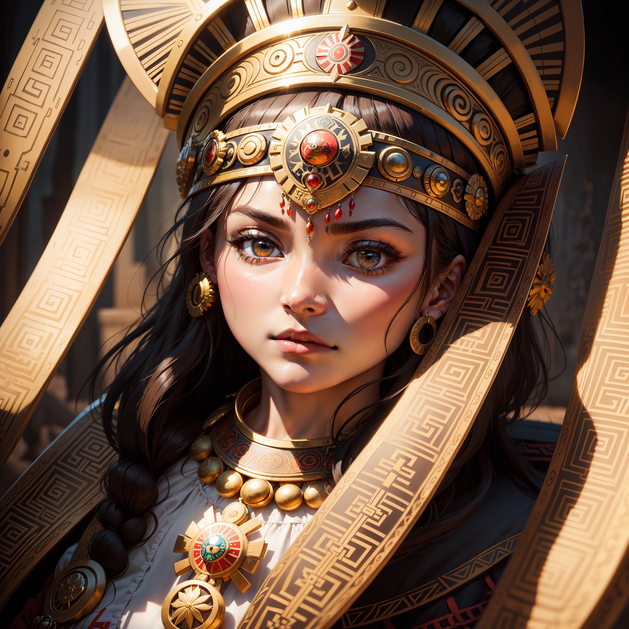 Masterpiece: 1.2, best quality), realistic, (real picture, rich details details, depth of field), a close up of a circular emblem with a face in a sun, aztec sun goddess, aztec god, aztec warrior with jaguar mask, aztec mythology, aztec warrior goddess, warrior, mayan god, aztec warrior, aztec princess portrait, art deco shaman, aztec iconography, aztec astronaut, an aztec warrior, aztec empress, the oracle of the mayan elders