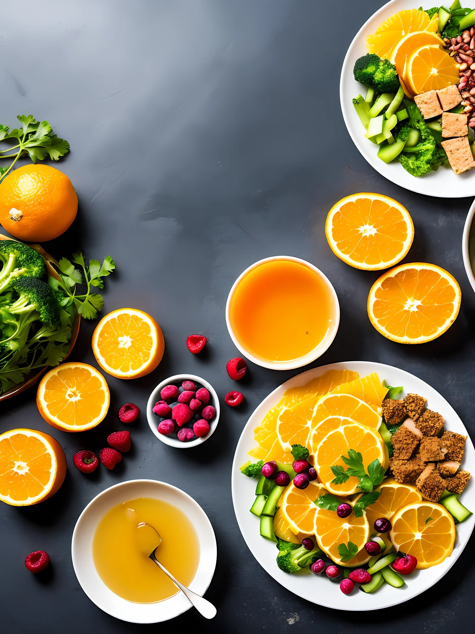 Healthy food on the table with orange juice