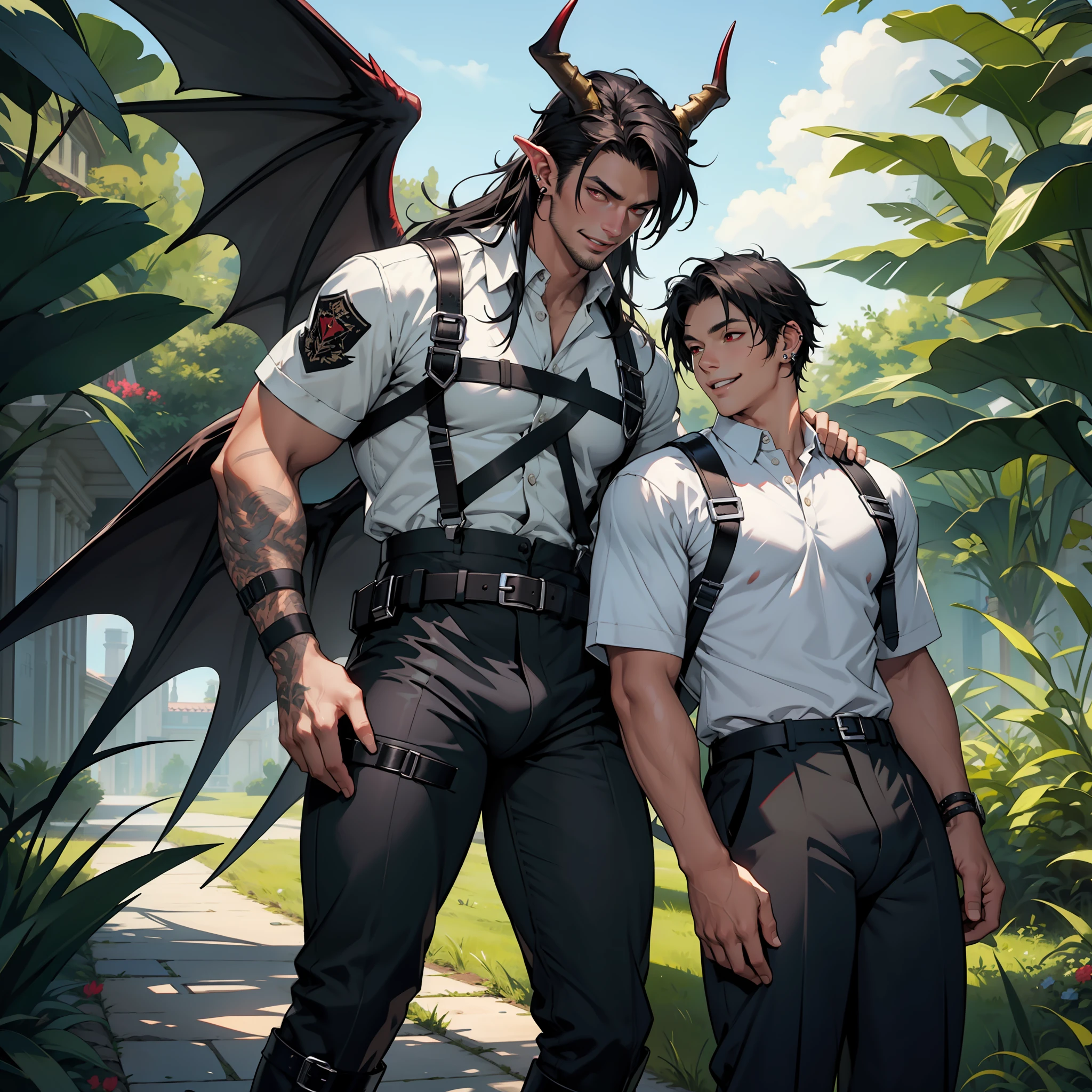 Handsome male, red eyes, black hair, long hair, horns, chest harness, black pants, black boots, piercings, plants, palace, wings, handsome, smile, soft features, ecstasy, flirty, big bulge in pants