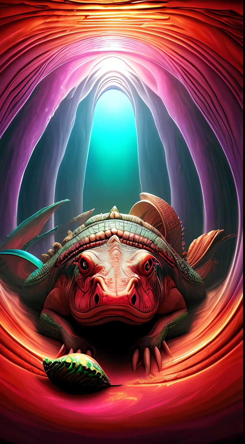 {Subject Description: Majestic crocodile guards donned in lavish ancient Egyptian robes, flanking a secret portal}, Art Styles: Surrealism, Art Inspirations: Salvador Dali on Deviantart, Fisheye Lens, Extreme Close-up, {Render Related Information: surreal, dim red glow suffusing a mythical, reddish tunnel, 8K resolution, quantum wavetracing, (fantasy vivid colors: 1.25)}