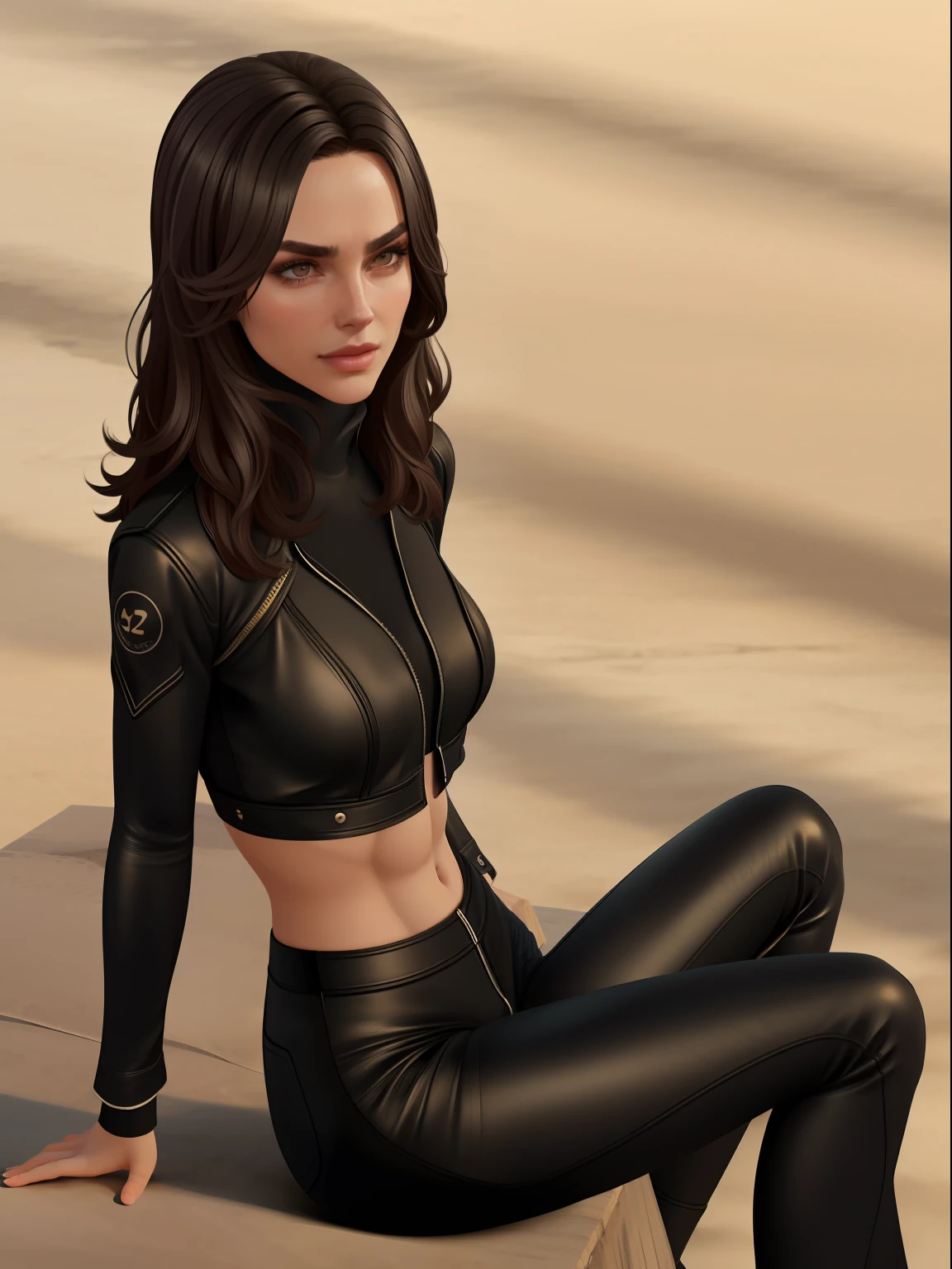 detailed skin, photograph, hyper detailed, supermodel, stomach cutout, at the beach, (short messy black hair) , (skinny, toned, abs, flat chest) , between the stars, wearing clothes designed by Chanel, Sitting with elbows on knees, Sami Mechanical Legs, Smoky Conditions, shallow depth of field, broad lighting, film grain, dslr, F/14, CMYK Colors, sunbeam, delicate, (highly detailed skin, full sharp:1. 2)