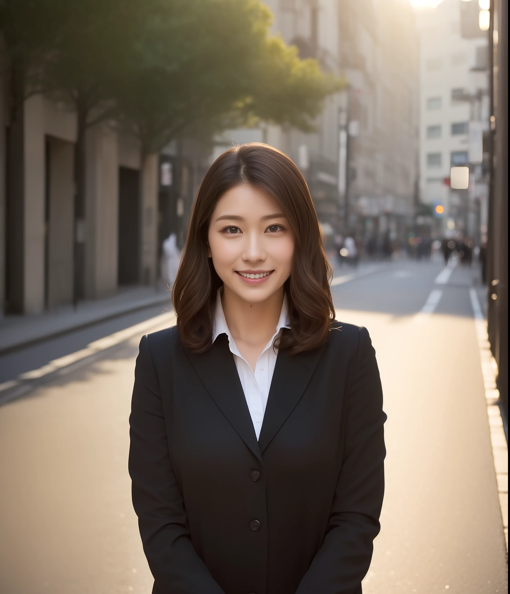 ((top-quality、8K、masterpiece:1.3))、foco nítido:1.2、Perfect Body Beauty:1.4、Slim abs:1.2、((Long wavy dark brown hair、Colossal tits:1.2))、(natural soft light、street corner:1.2)、Highly detailed facial and skin texture、A detailed eye、(二重まぶた:1.2)、(((dynamic ungle))),Streets of Tokyo、Silver thin necklace、drooing eyes、Smiling、White blouses、White button shirt、Gentle expression