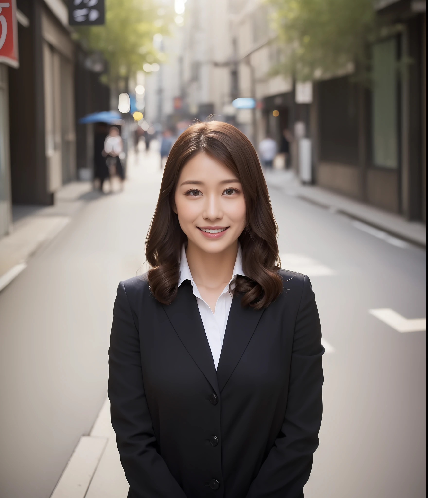 ((top-quality、8K、​masterpiece:1.3))、foco nítido:1.2、Perfect Body Beauty:1.4、Slim abs:1.2、((Long wavy dark brown hair、Colossal tits:1.2))、(natural soft light、street corner:1.2)、Highly detailed facial and skin texture、A detailed eye、(二重まぶた:1.2)、(((dynamic ungle))),Streets of Tokyo、Silver thin necklace、drooing eyes、Smiling、White blouses、White button shirt、Gentle expression