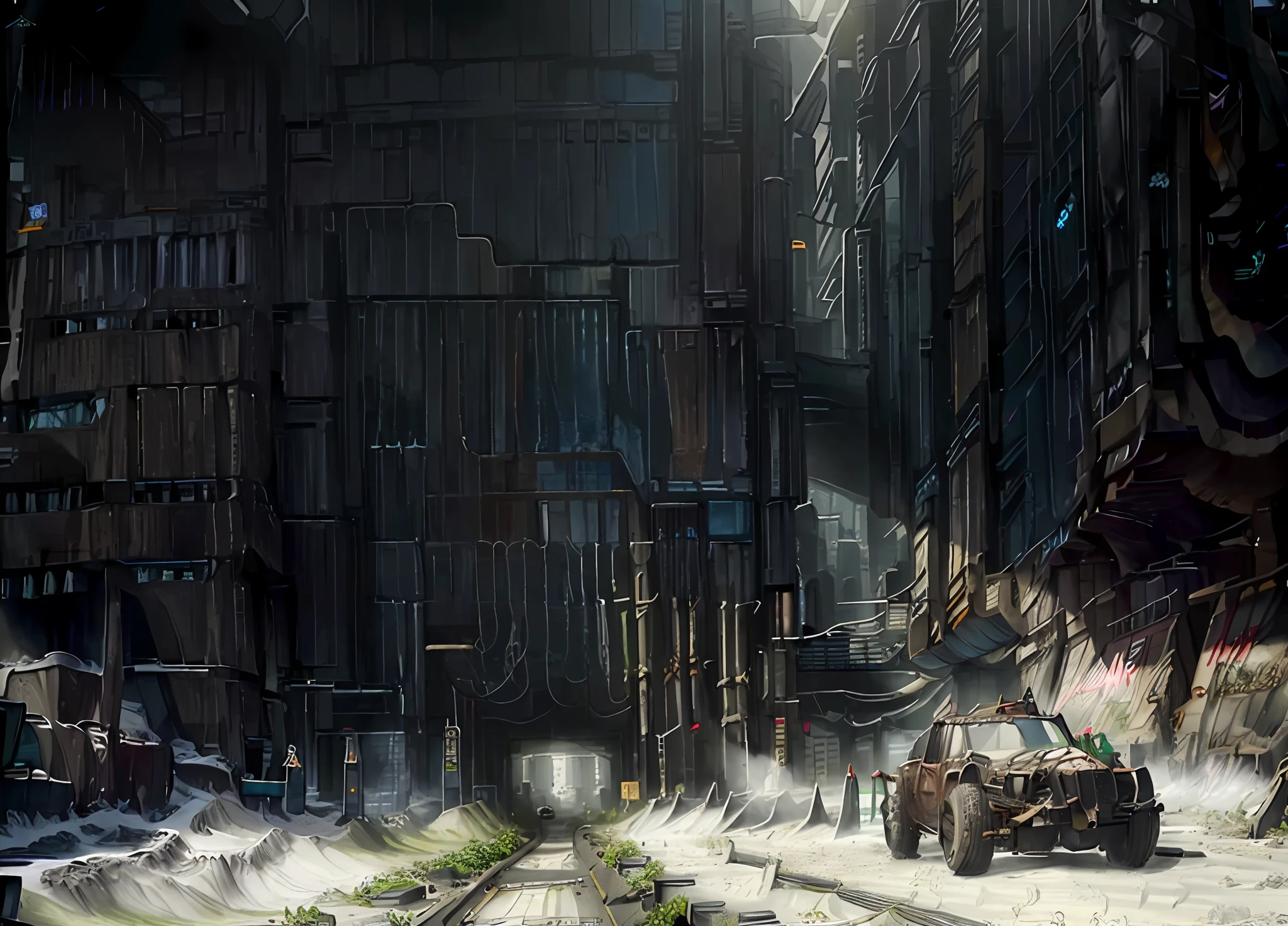 ((A street view of a huge dystopian sprawling city)), Building layers, Blocking sunlight (((Impeccable architecture))), mud, concrete shaking;, High resolution 4K, Masterpiece, trending on art station, (Clear, Clean Line Art), neon signage,(((Metal plates))), ((((road)))