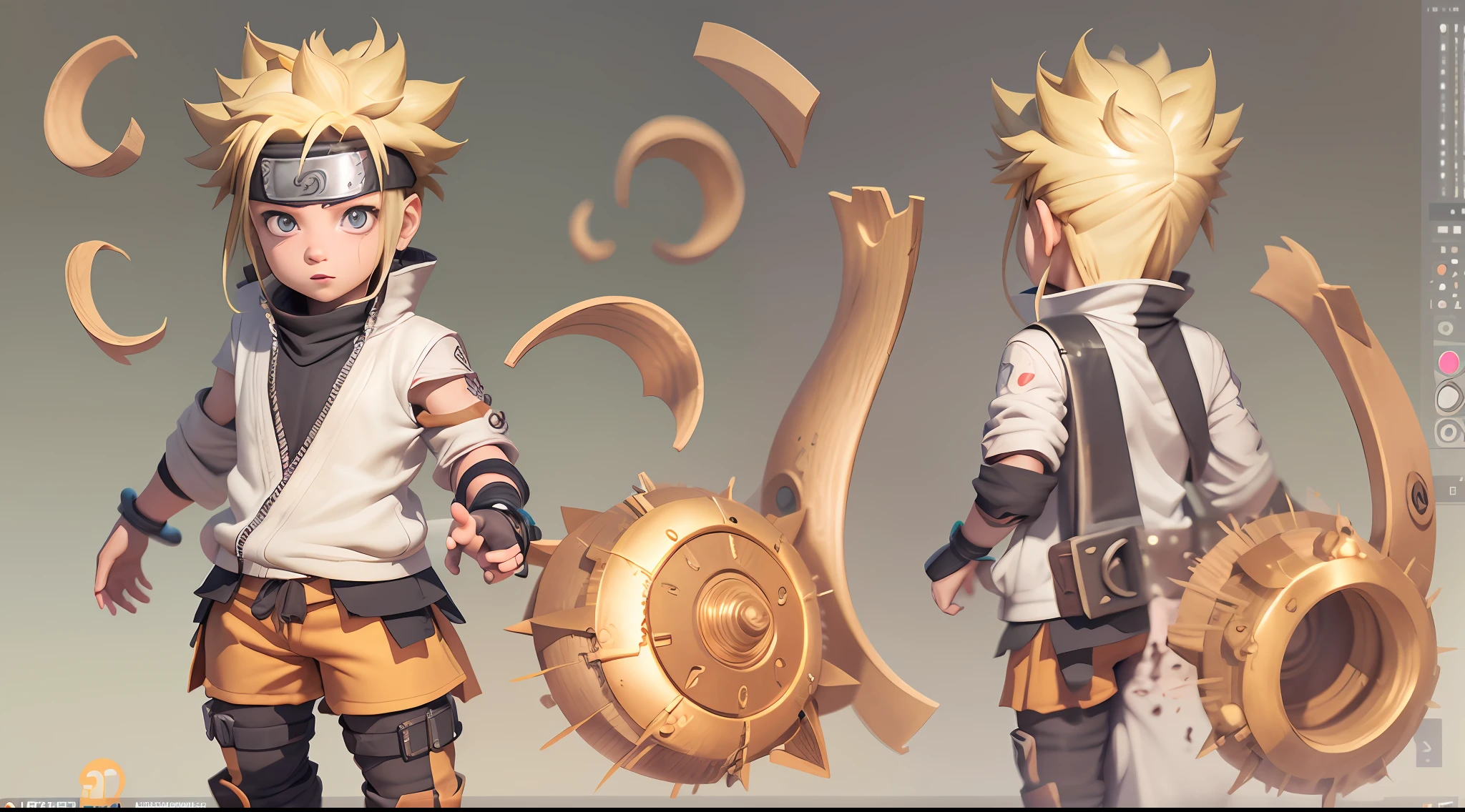 Naruto, Naruto Shippuden, cabelo requintado, Arm representation, sapatos requintados, representation of the eyes, cabelo requintado, caixa cega popmart, textura de argila, pisando na terra, fundo preto e branco, natural lightting, a maioria de boa qualidade, super detalhe, Arte 3D, c4d, renderizador OC, 3D-rendering, 8k