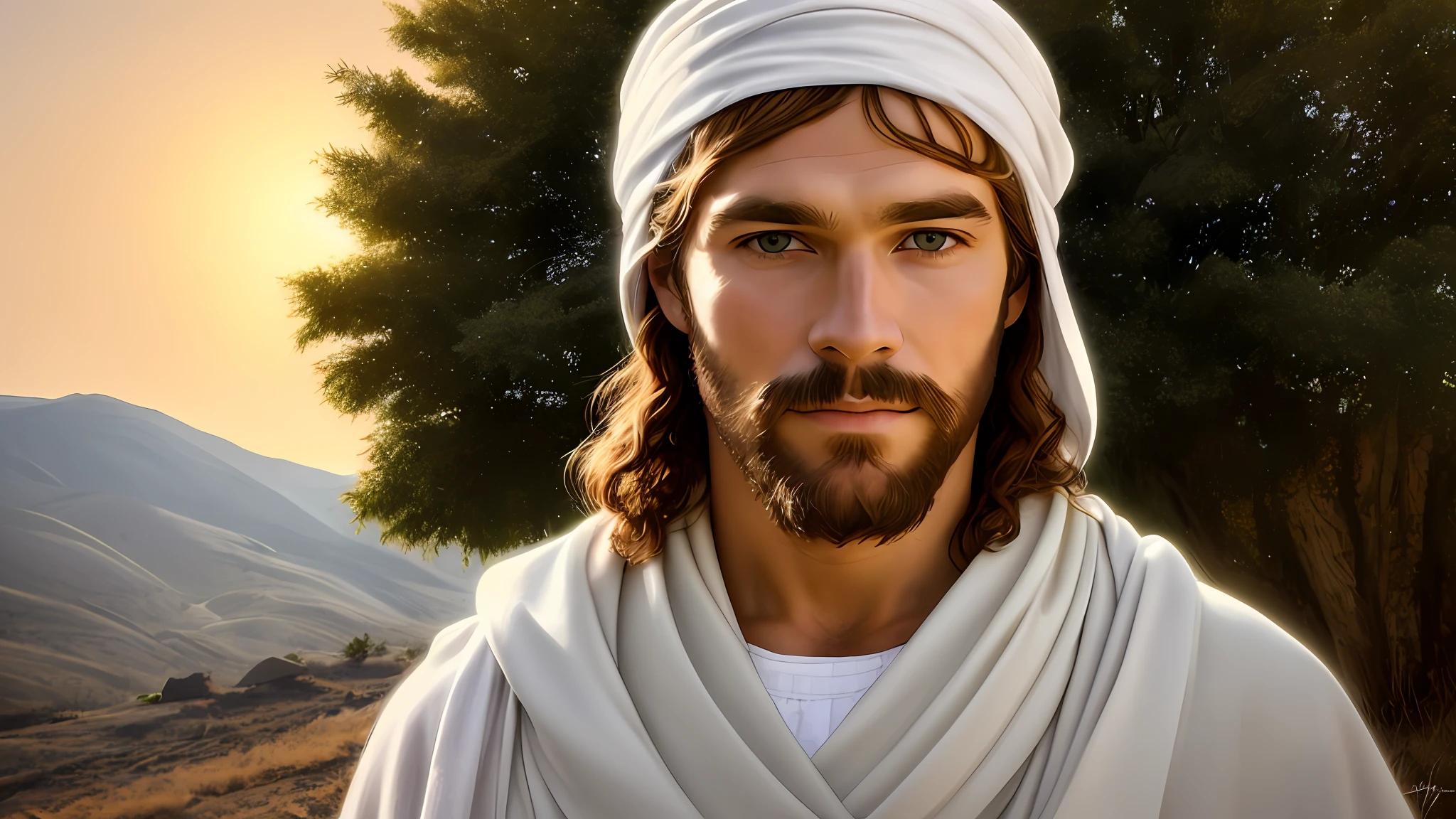 Man with beard and white shawl on his head, Jesus Christ, dressed as Jesus Christ, Jesus of Nazareth, face of Jesus, Greg Olsen, Jesus, Nicodemus, portrait of Jesus Christ, Lord and Savior, He is greeting you warmly.