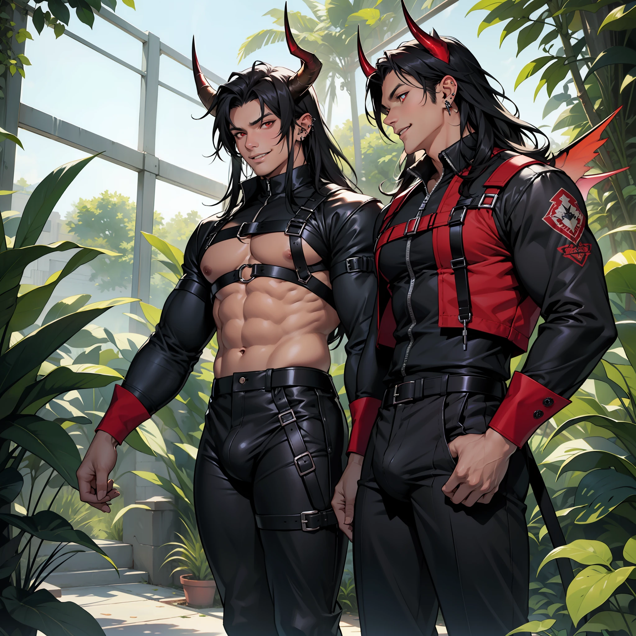Handsome male, red eyes, black hair, long hair, horns, chest harness, black pants, black boots, piercings, plants, palace, wings, handsome, smile, soft features, ecstasy, flirty, big bulge in pants, 1 male