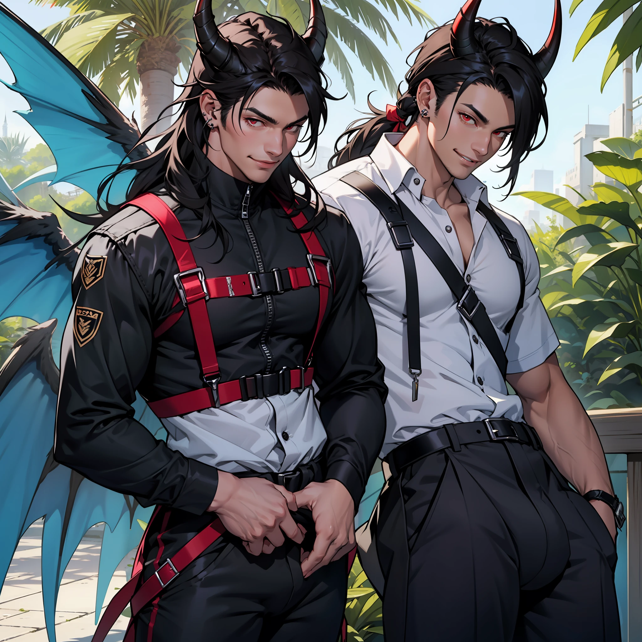 Handsome male, red eyes, black hair, long hair, horns, chest harness, black pants, black boots, piercings, plants, palace, wings, handsome, smile, soft features, ecstasy, flirty, big bulge in pants, 1 male