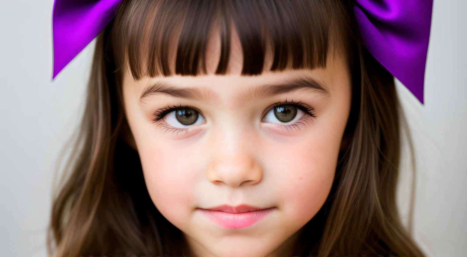 estilo russo, Girl children , estudio fotografico fundo infinito branco, close-up, busto, portrait , long hair DARK TRACES and giant bow PURPLE on the head
