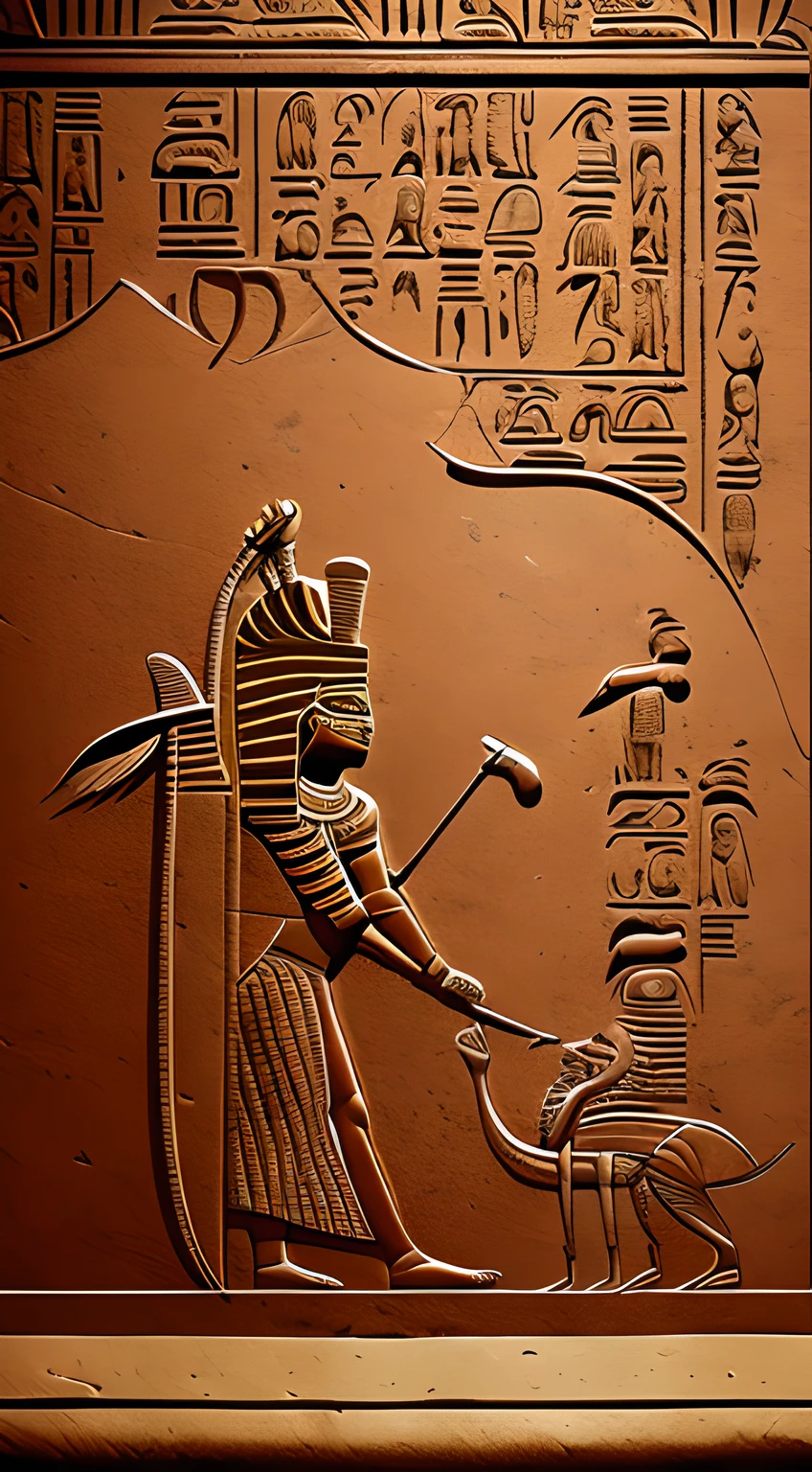 {Subject Description: Powerful crocodile guards in stylized ancient Egyptian costumes, protectively guarding a hidden door}, Art Styles: Hieroglyphic-inspired Art, Art Inspirations: Ancient Egyptian Art from British Museum, Low Angle, Medium Shot, {Render Related Information: softly diffused, dim red light illuminating a weathered, reddish tunnel, high resolution, Unreal Engine, (Intricate details: 1.14)}