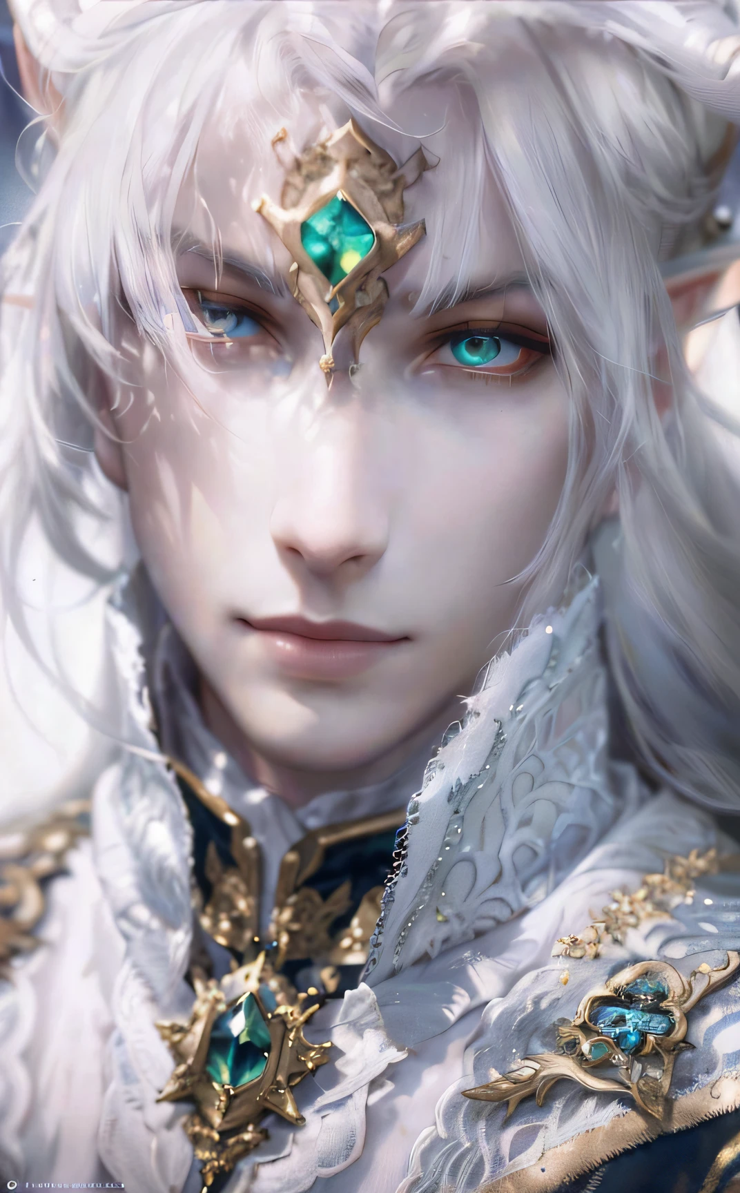 Close up portrait of a person with white hair and blue eyes, a portrait of a male elf, beautiful male elf, beautiful androgynous prince, fantasy male portrait, delicate androgynous prince, male elf, side portrait of elven royalty, elven character with smirk, River Male, a portrait of an elf, a portrait of an elf