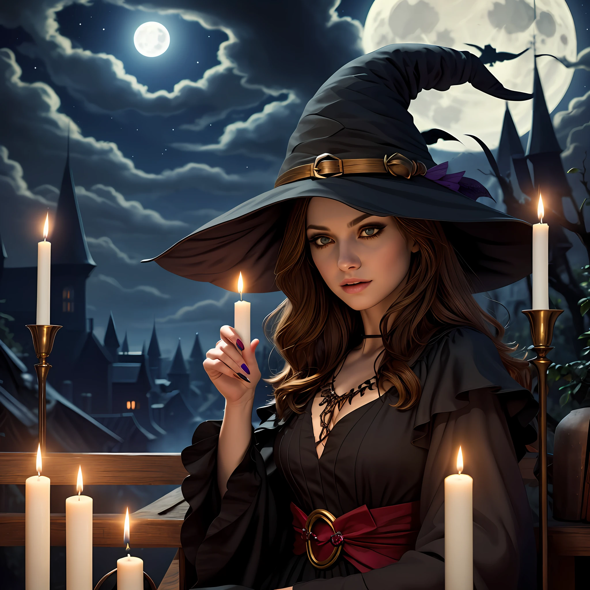 Ultra realistic, one solo witch, brown hair, brown eyes, pretty black dress, black witches hat, bossy, owl, couldron, candles, beautiful but scary, full moon, outside, witches couldron, owl familiar, witchy