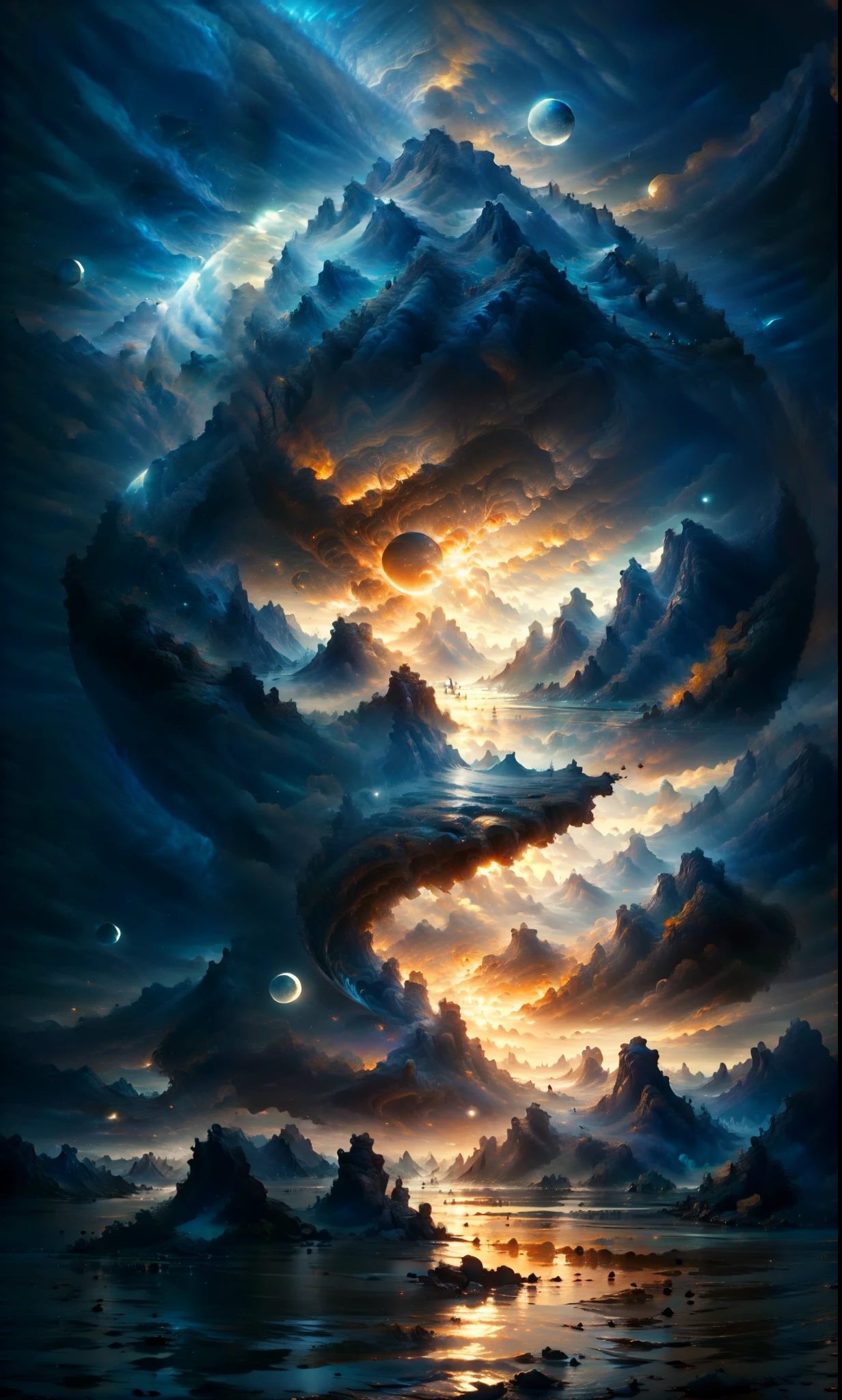 mountains and a lake with a moon in the sky, 4k highly detailed digital art, 4 k hd wallpaper very detailed, impressive fantasy landscape, sci-fi fantasy desktop wallpaper, unreal engine 4k wallpaper, 4k detailed digital art, sci-fi fantasy wallpaper, epic dreamlike fantasy landscape, 4k hd matte digital painting, 8k stunning artwork