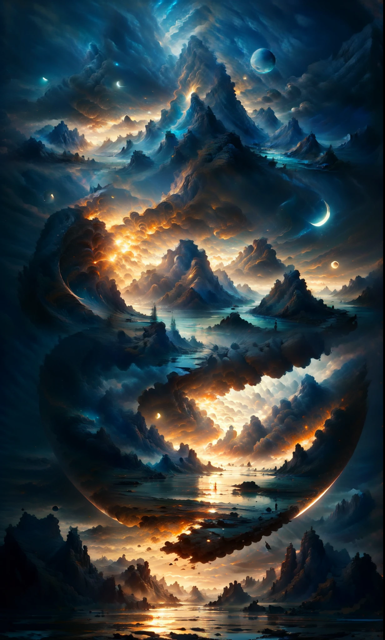 mountains and a lake with a moon in the sky, 4k highly detailed digital art, 4 k hd wallpaper very detailed, impressive fantasy landscape, sci-fi fantasy desktop wallpaper, unreal engine 4k wallpaper, 4k detailed digital art, sci-fi fantasy wallpaper, epic dreamlike fantasy landscape, 4k hd matte digital painting, 8k stunning artwork