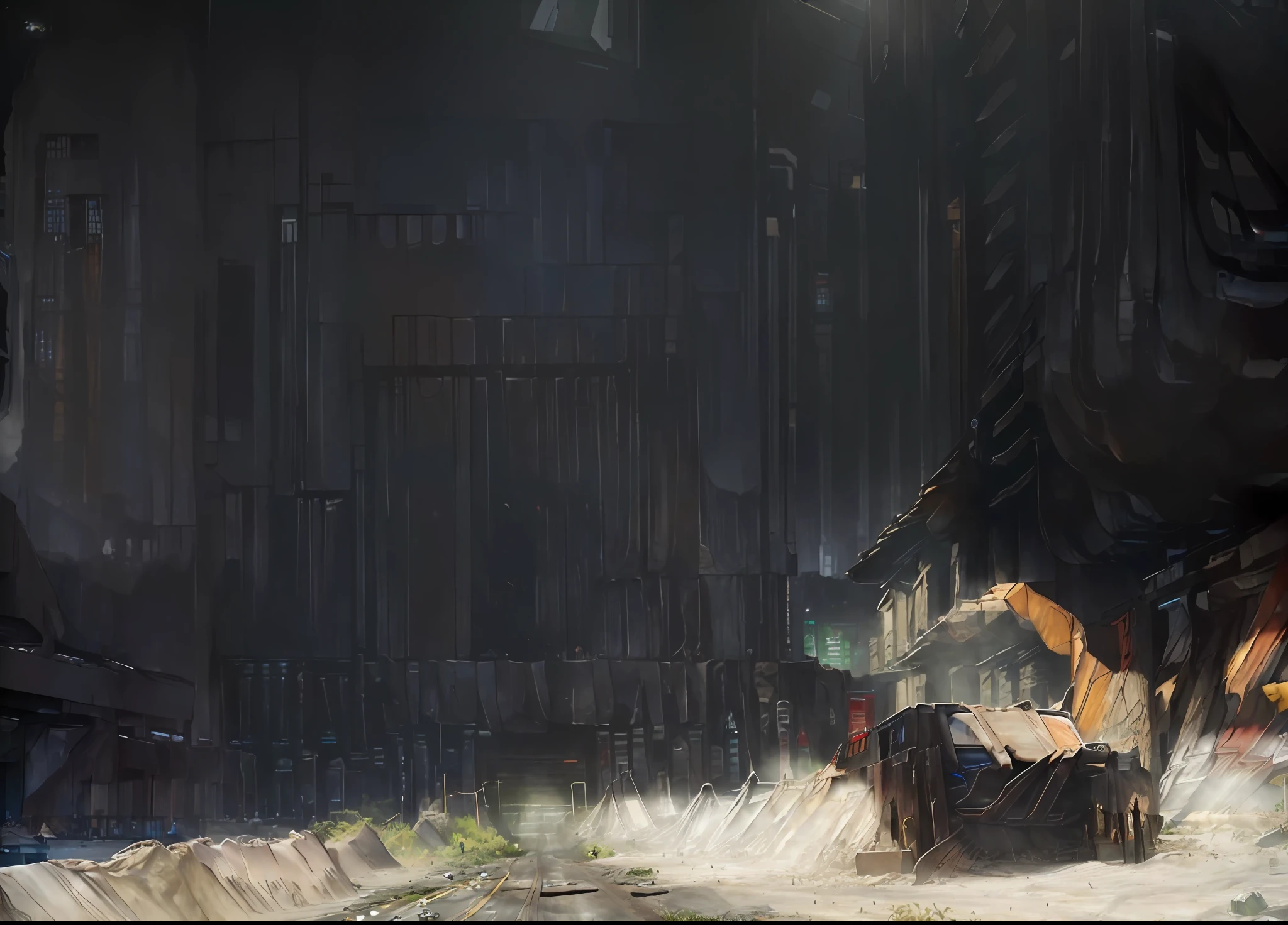 ((A street view of a huge dystopian sprawling city)), Building layers, Blocking sunlight (((Impeccable architecture))), mud, concrete shaking;, High resolution 4K, Masterpiece, trending on art station, (Clear, Clean Line Art), neon signage,(((Metal plates))), ((((road)))