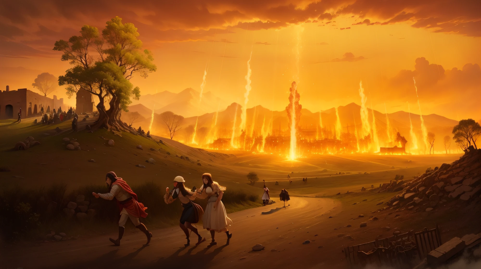 Lot and his family, Lot and three women, fleeing Sodom and Gomorrah