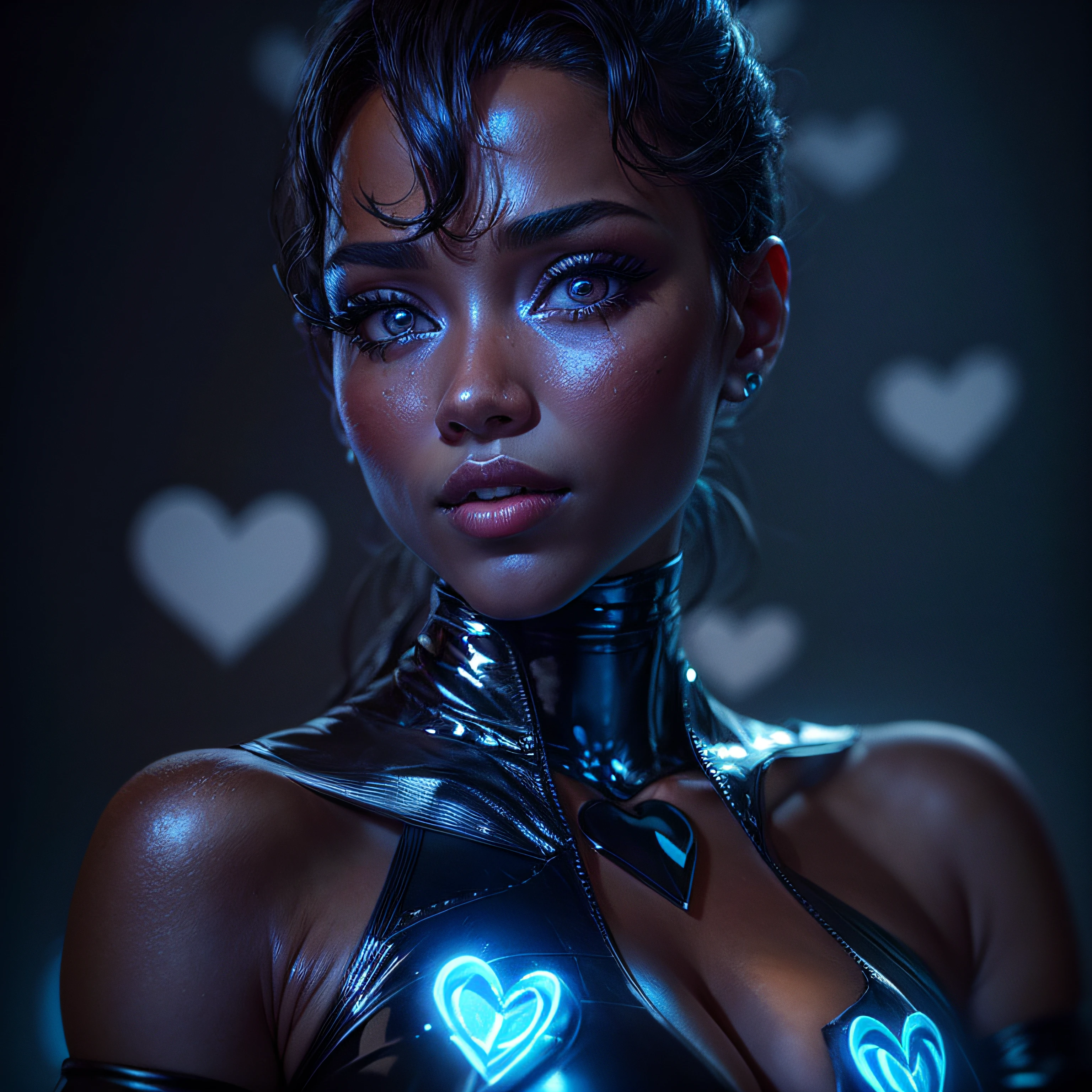 Closeup on beautiful black latex woman, olhos azuis, coberta com rosas vermelhas iluminadas, bright blue white glowing heart, visible from human, noite, Colouring, photography hyper-detailed cinematic hdr lighting, softbox lighting, Detalhe extremo, 8k, 3D-rendering, Hiper realista, NVIDIA,