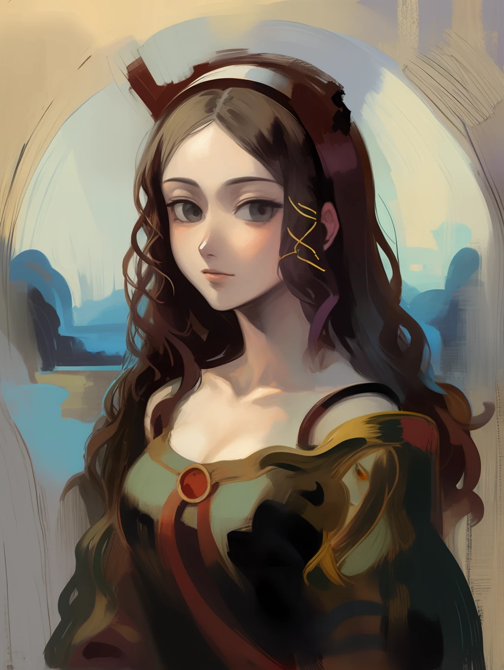 Generate an elegant and serene square portrait of a woman resembling the style of the Mona Lisa, captured with a DSLR camera in soft morning light, presented in a contemporary art style.Image we're prompting: A square painting of a mysterious woman.
5 descriptive keywords: Intriguing, alluring, sophisticated, abstract, mysterious.
Camera type: Artistic brush strokes.
Time of day: Twilight.
Style of photograph: Contemporary painting.