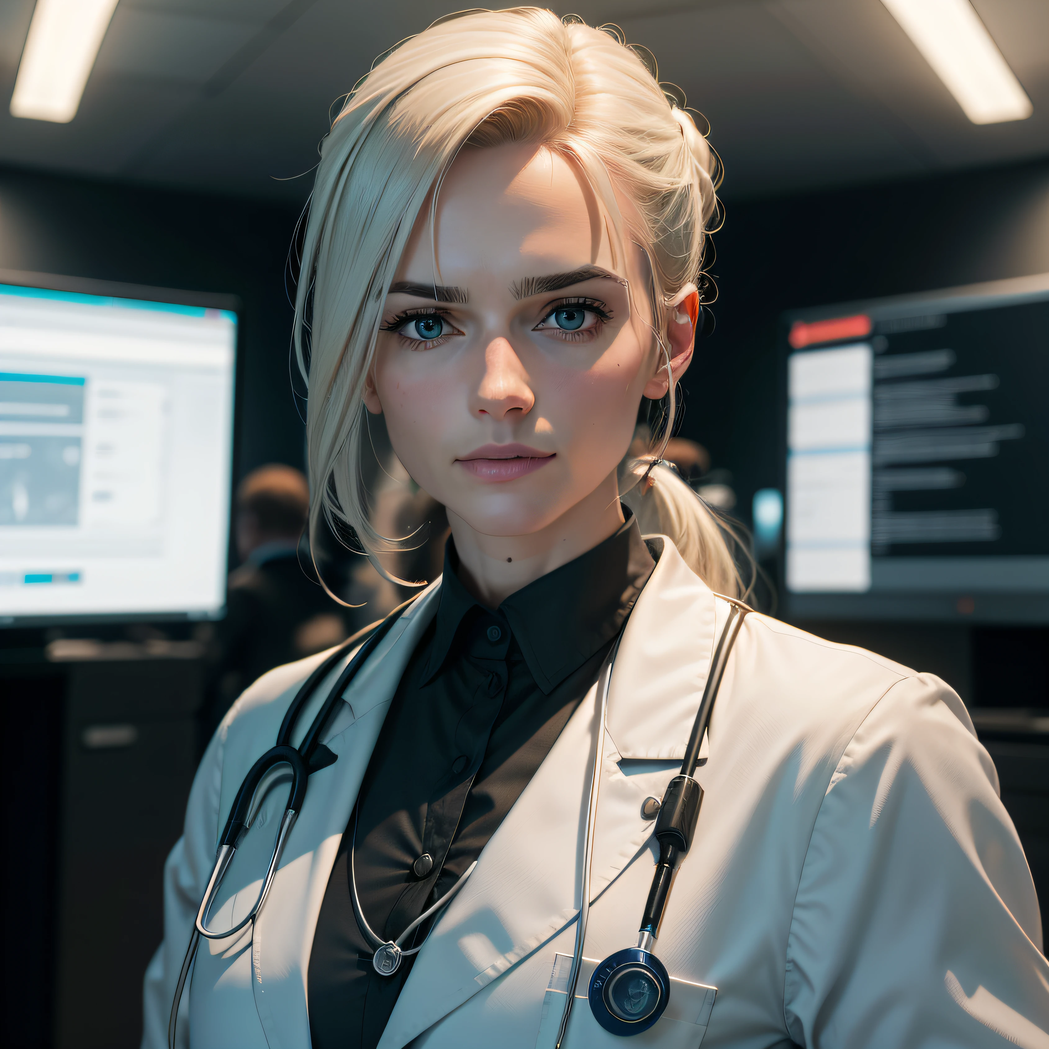 Photo of a realistic experienced German doctor wearing a doctor's outfit, Realistic, foco nítido, 8K High Definition, insanamente detalhado, intrincado, elegante, com fundo hospitalar desfocado