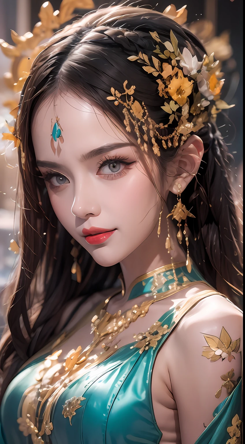 Portrait of a 27-year-old saint,Charming adult saint in a long dress made of thin silk, beautiful saint with an old face, adult, wearing a thin multicolored silk dress, beautiful face without blemishes, (((Closed smile:1.3))), ((7-color hair length:1.2)), big crown, hair brooch, hanfu dress, chinese ancient style, full body jewelry, forehead tattoo, super even chest, face, innocent face, The most beautiful and detailed light red lipstick, ((Thin plump lips:0.3)), ((Golden Eyes color:0.6)), Detailed and delicate lighting effects, light and dark, dramatic lighting, magical light, extremely detailed light, true color, super sharp, realistic, 8k quality, fantasy universe background, saints and magical space, the most detailed images, ((Solo:0.3)), ((a saintess:0.6)), ((looking directly at the saint's upper body:0.4)), ((smooth skin:0.5)), ((the holy woman's veil:0.6)),