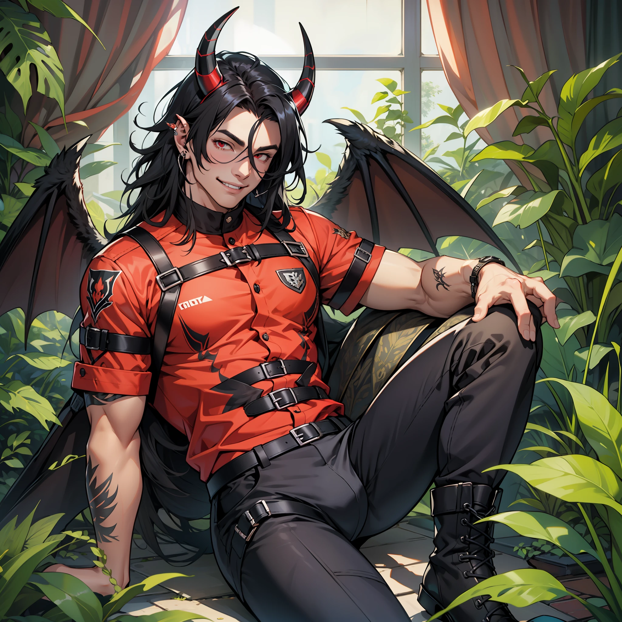 Handsome male, red eyes, black hair, long hair, horns, chest harness, black pants, black boots, piercings, plants, palace, wings, handsome, smile, soft features, ecstasy, flirty, big bulge in pants