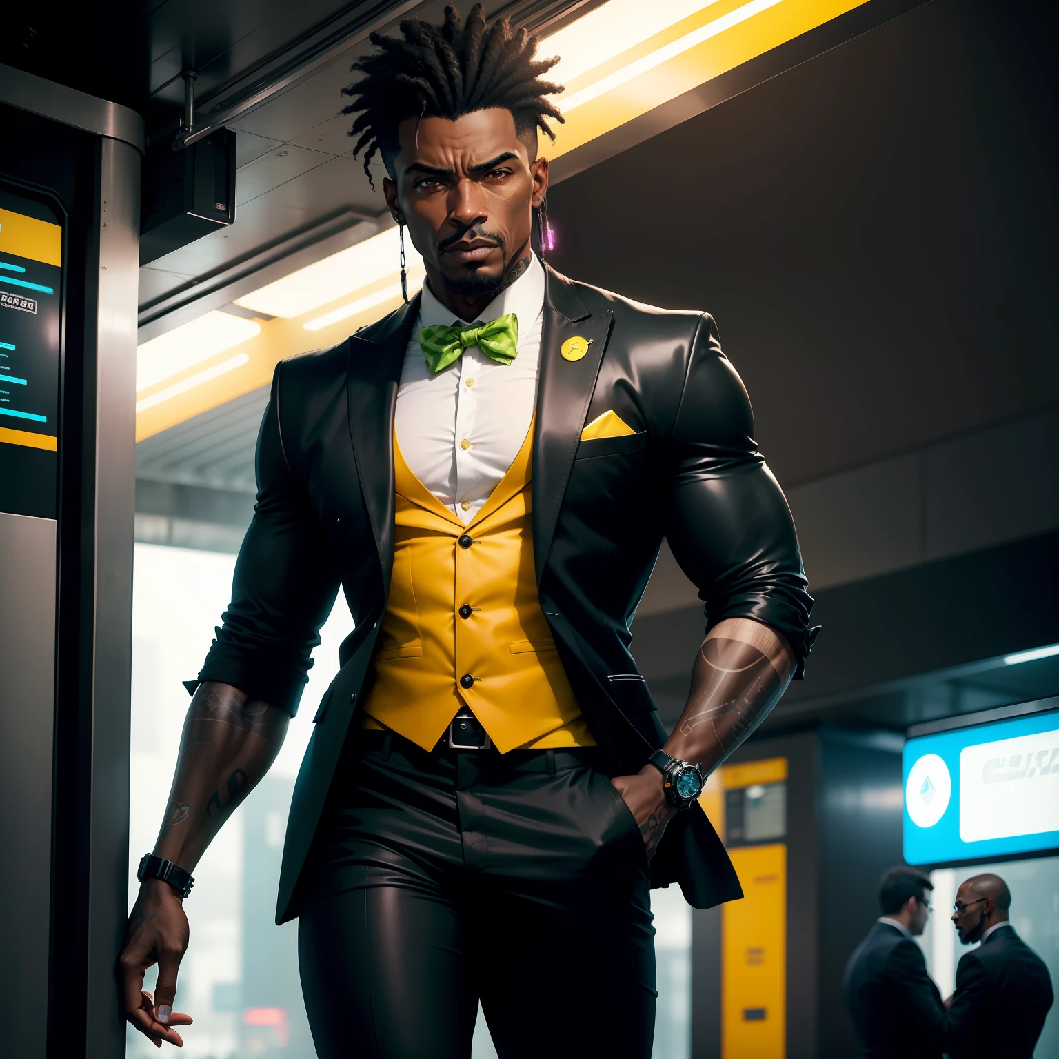 gostaria de uma imagem estilo cyberpunk em 4k de um homem de mais ou menos 50 s ,preto,negricano, forte, musculoso,Bodybillder,muito forte de pele negra ,com cabelo punk estilo anos 80 cor amarelo e cinza escuro,muito eLegante,, futurista e estiloso neon , com uma tatuagem super colorida e com neon ,Toattoo, facing a metro station on the platform , with station lights failing in a dimly lit environment, standing dressed in a dark yellow suit with a pink bow tie