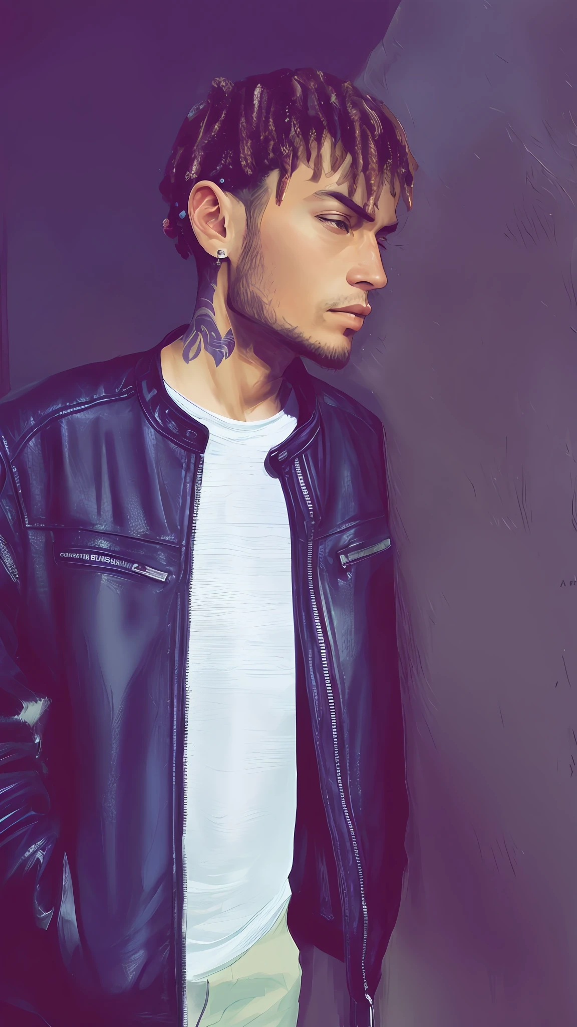 arafed man with dreadlocks and a leather jacket standing against a wall, style of seb mckinnon, wearing samcrow leather jacket, ✏️🎨, inspired by Byron Galvez, inspired by Cam Sykes, with tattoos, wearing a leather jacket, high quality portrait, mohamed chahin style, headshot profile picture, wearing detailed leather collar, wearing cyberpunk leather jacket
