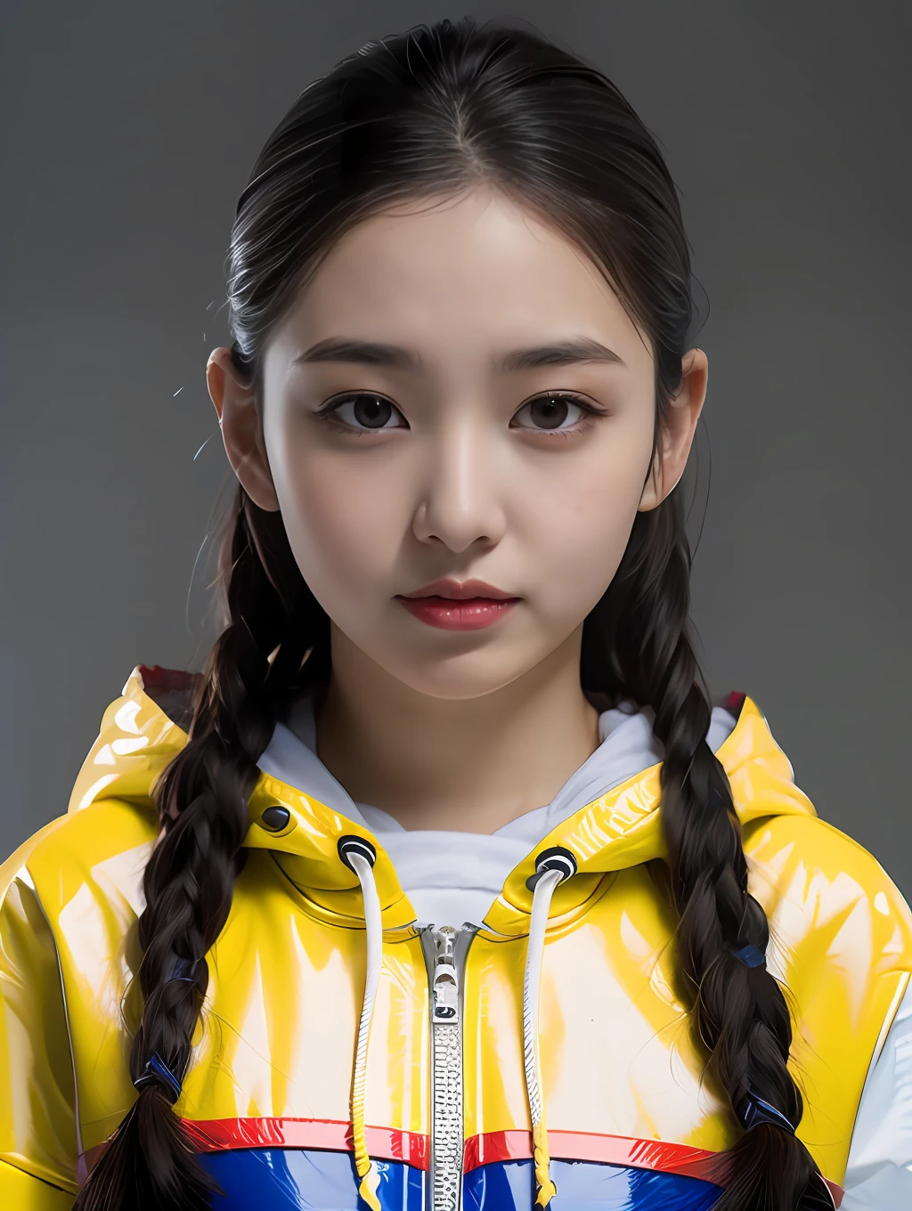 A 17-year-old Chinese female high school student,Wearing a red sweatshirt made of PVC with yellow stripes,Light gray solid background