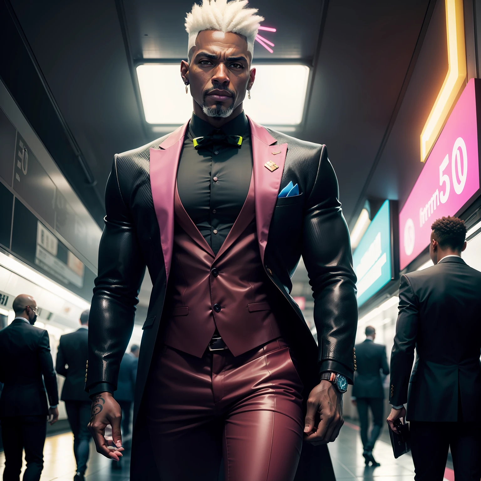 gostaria de uma imagem estilo cyberpunk em 4k de um homem de mais ou menos 50 anos ,portanto,preto,africano, forte, musculoso,Bodybillder,muito forte de pele negra ,com cabelo punk estilo anos 80 na cor amarelo e cinza escuro,muito eLegante,, futurista e estiloso neon , com uma tatuagem super colorida e com neon ,Toattoo, facing a metro station on the platform , with station lights failing in a dimly lit environment, standing dressed in a dark yellow suit with a pink bow tie