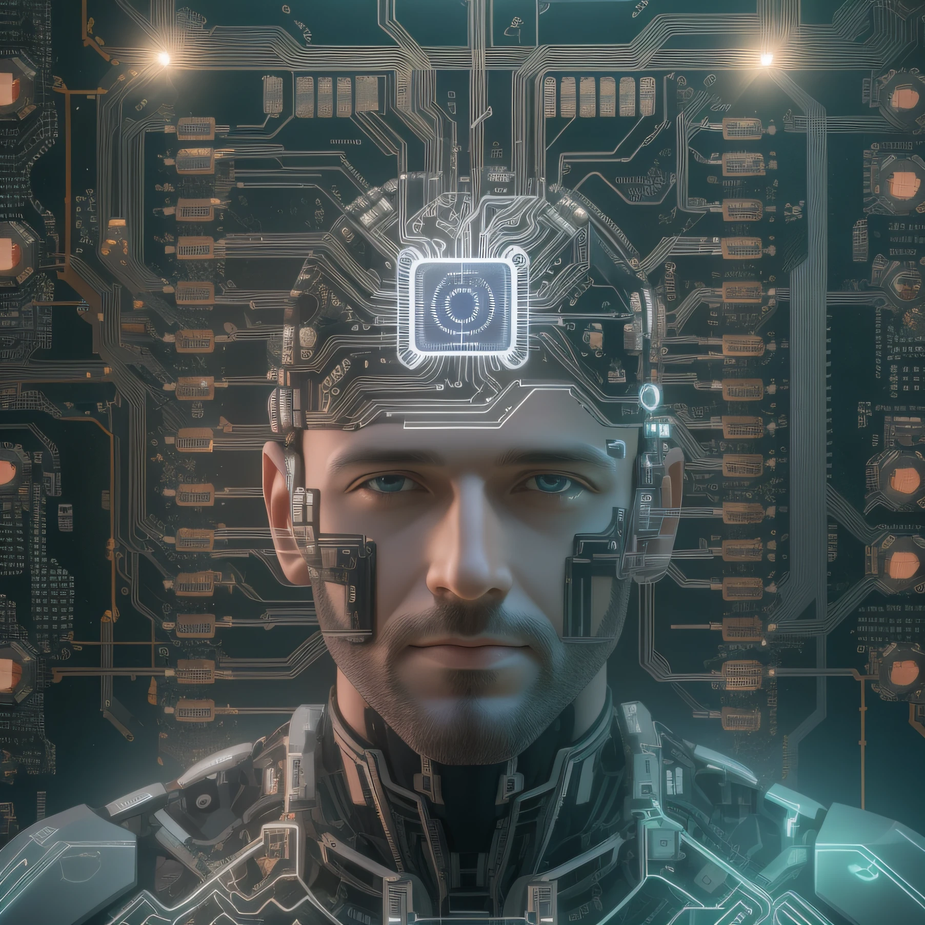 Foto Realista Photo Raw 8K, Realistic Magem Arafed elements of a man with a CPU on his head, neuromorphic chip, circuitry visible in head, electronic brain, a cpu with human brains, artificial intelligence god, brain connected to computer, transumanismo, brain computer interface, Artificial intelligence, artificial intelligence gods, artificial intelligence machine, transumano, artificial consciousness